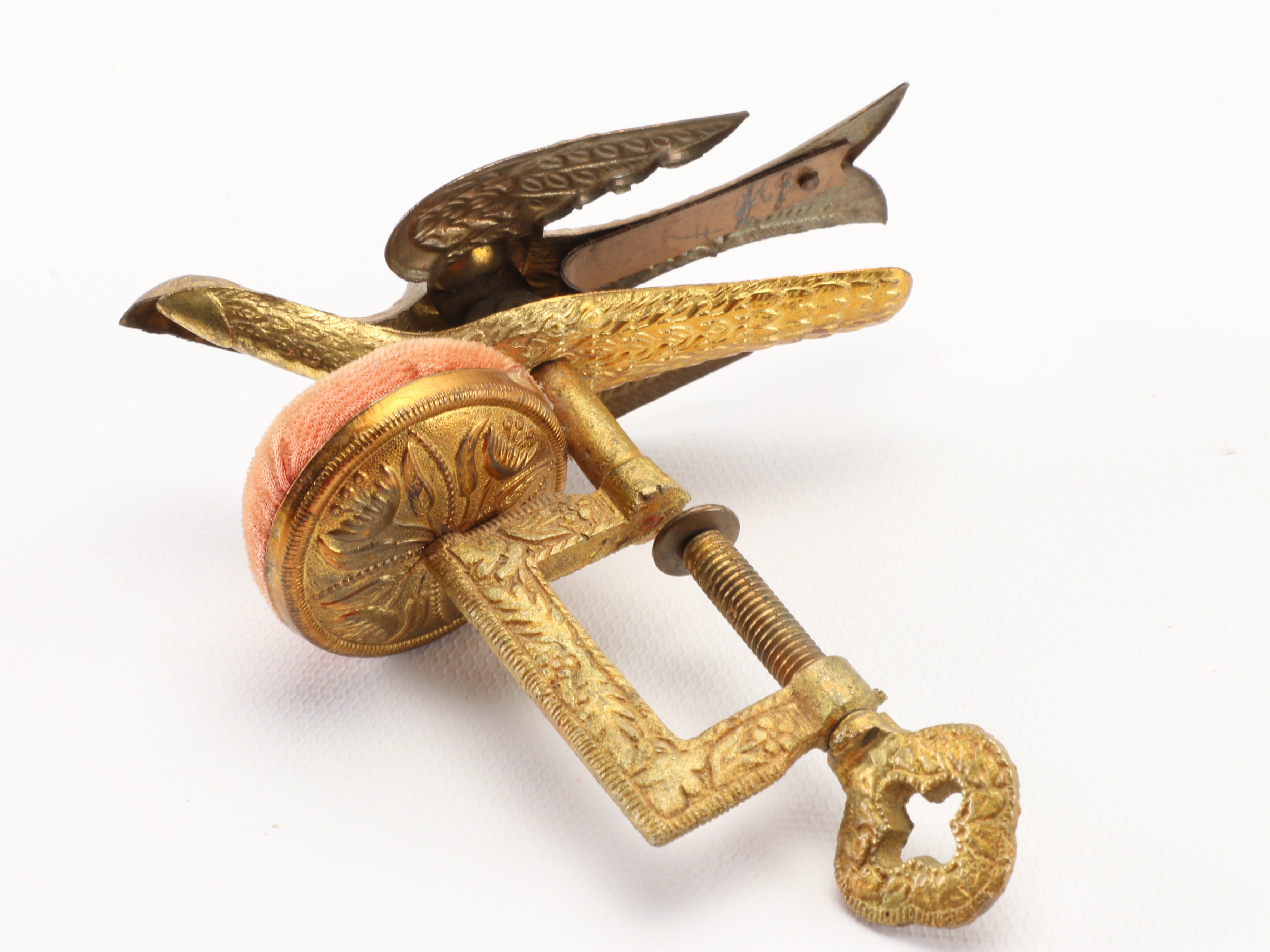 Victorian Sewing Birds and Wooden Hand-Painted Sewing Clamp, Late 19th C.
