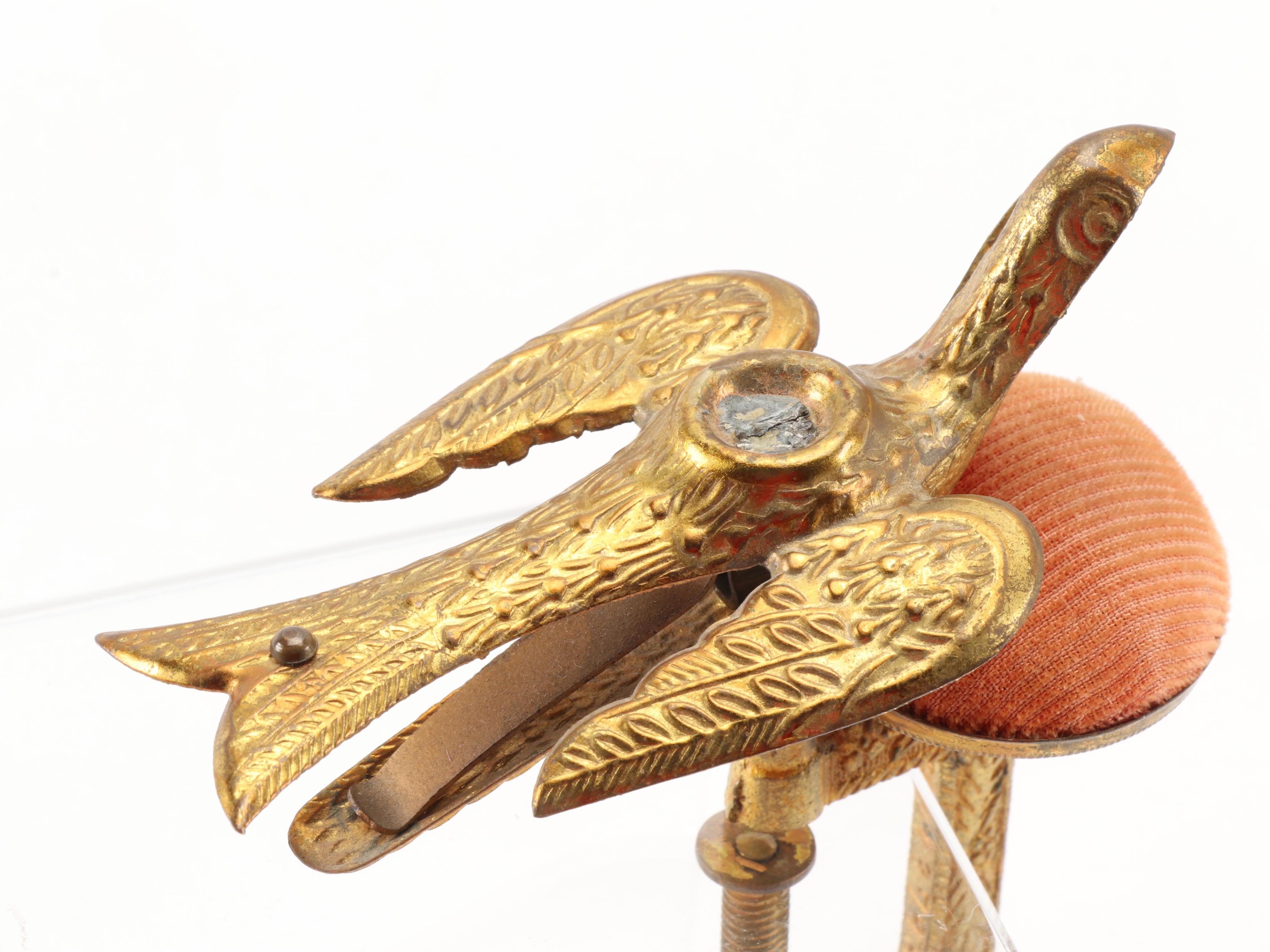 Victorian Sewing Birds and Wooden Hand-Painted Sewing Clamp, Late 19th C.