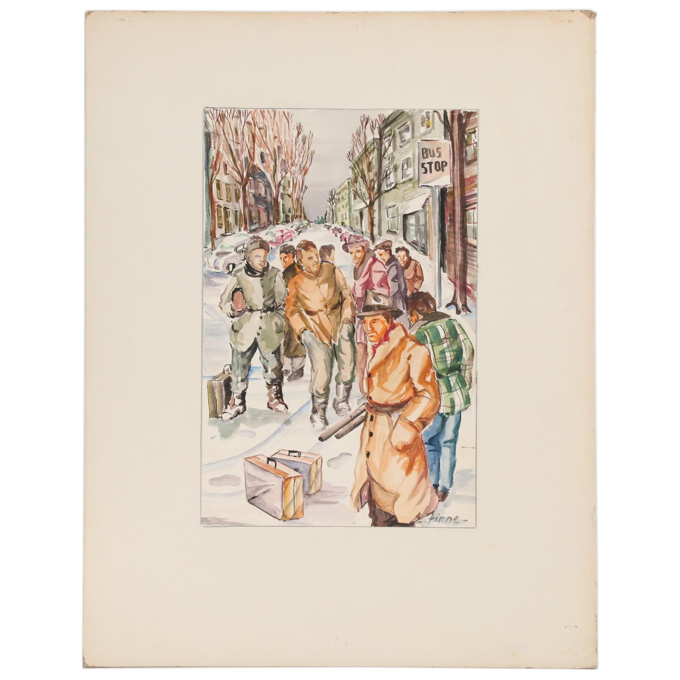 Ernest Fiene Watercolor Painting of Street Scene with Pedestrians