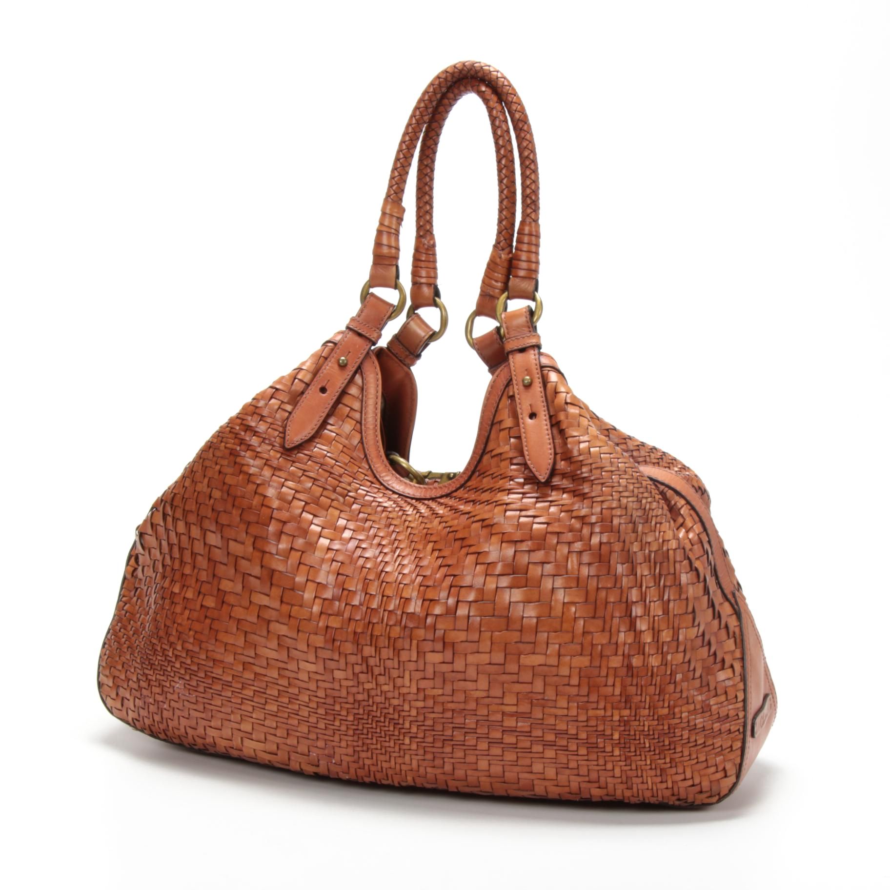 Cole Haan Woven Leather Genevieve Large Triangle Tote Shoulder Bag in Sequoia