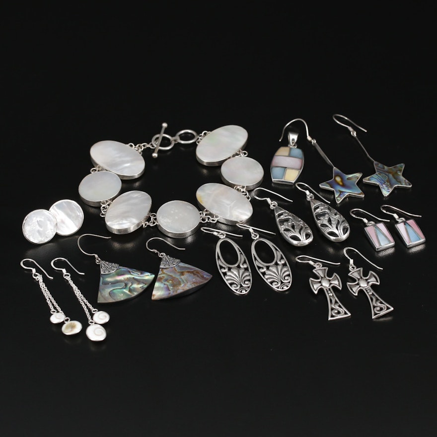 Collection of Sterling Silver Jewelry with Abalone and Mother of Pearl