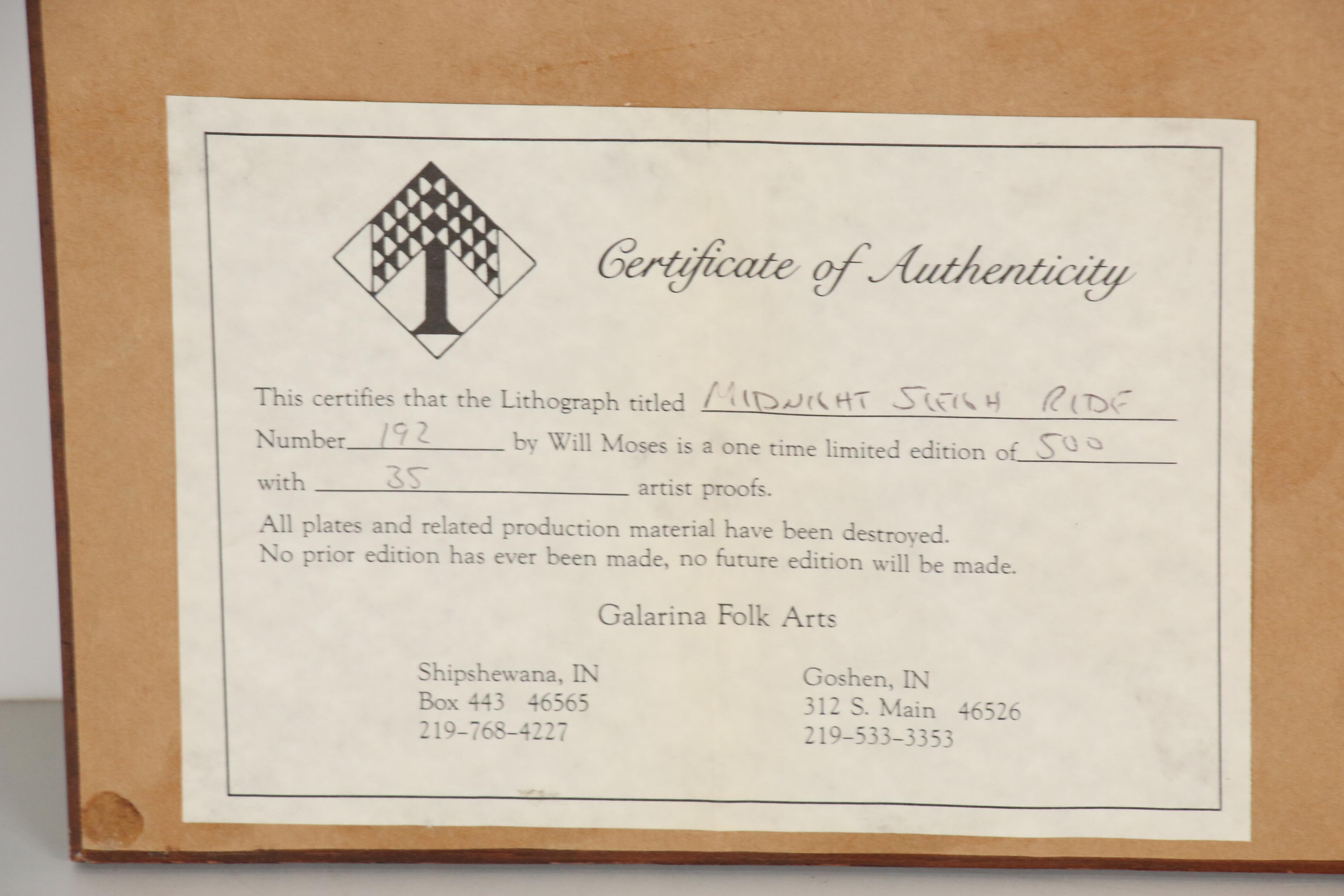 Will Moses Lithograph "Midnight Sleigh Ride"