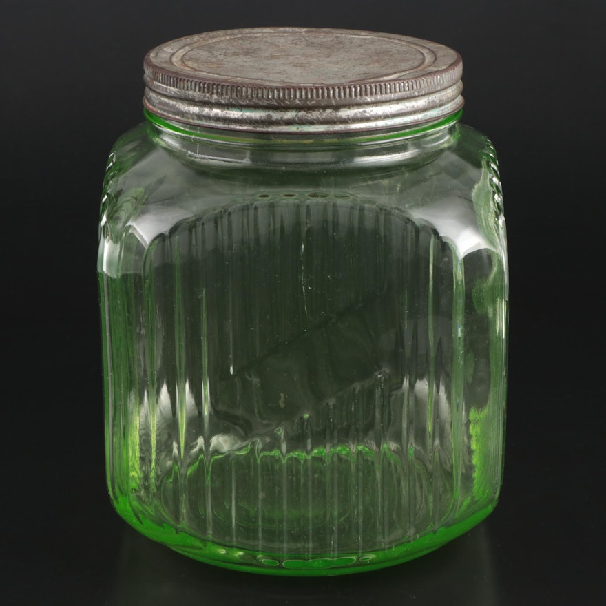 Green Ribbed Depression Glass Food Storage Jar, Early to Mid 20th Century