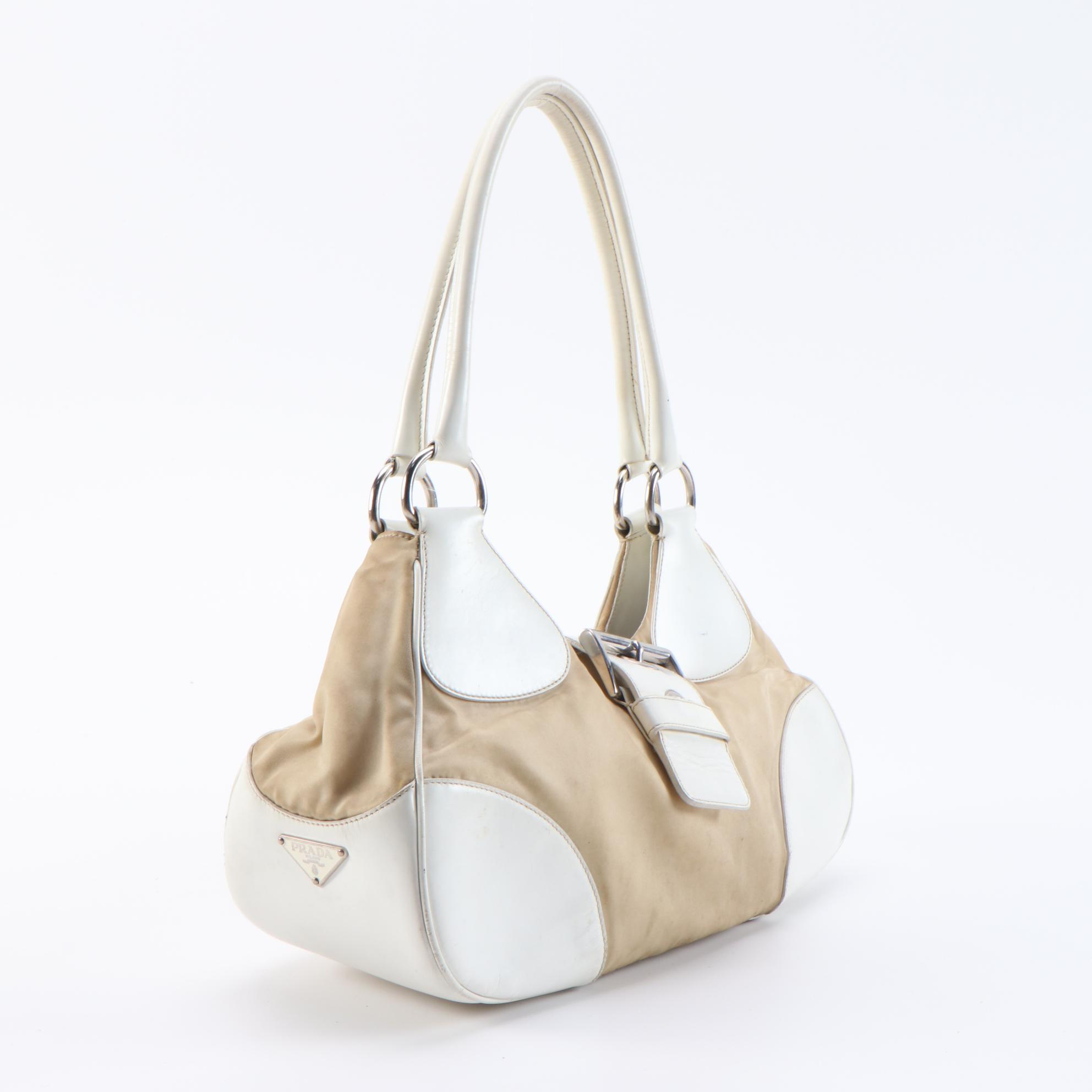 Prada White Leather and Beige Tessuto Nylon Satchel