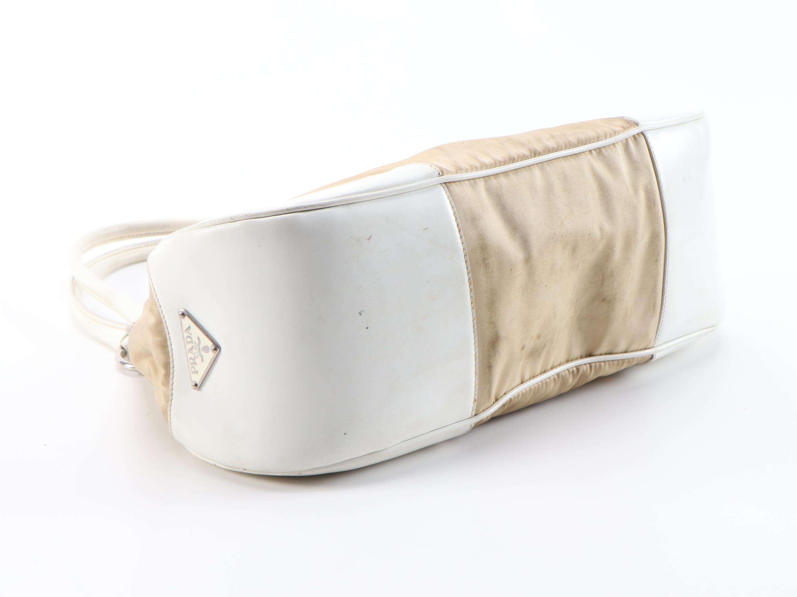 Prada White Leather and Beige Tessuto Nylon Satchel