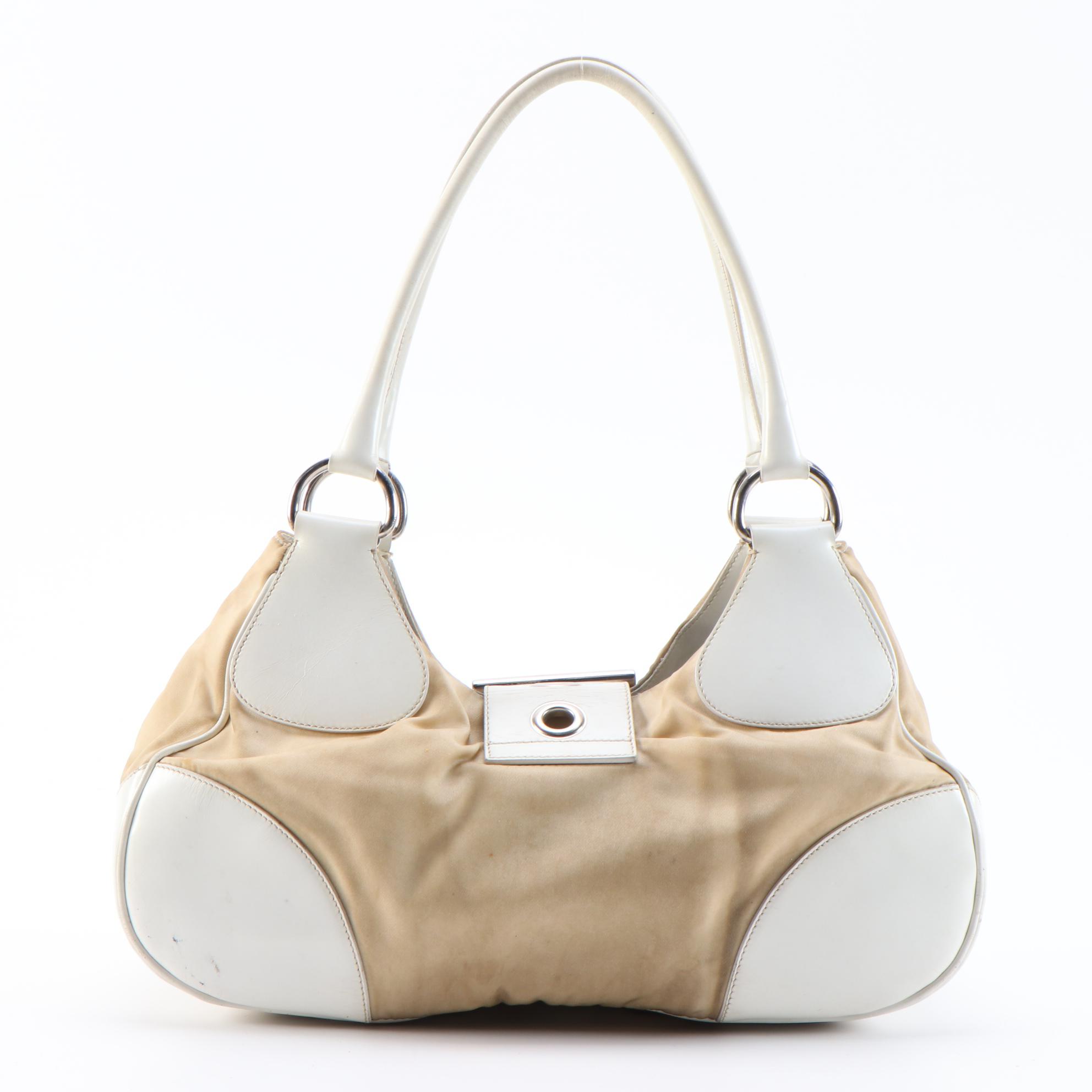 Prada White Leather and Beige Tessuto Nylon Satchel