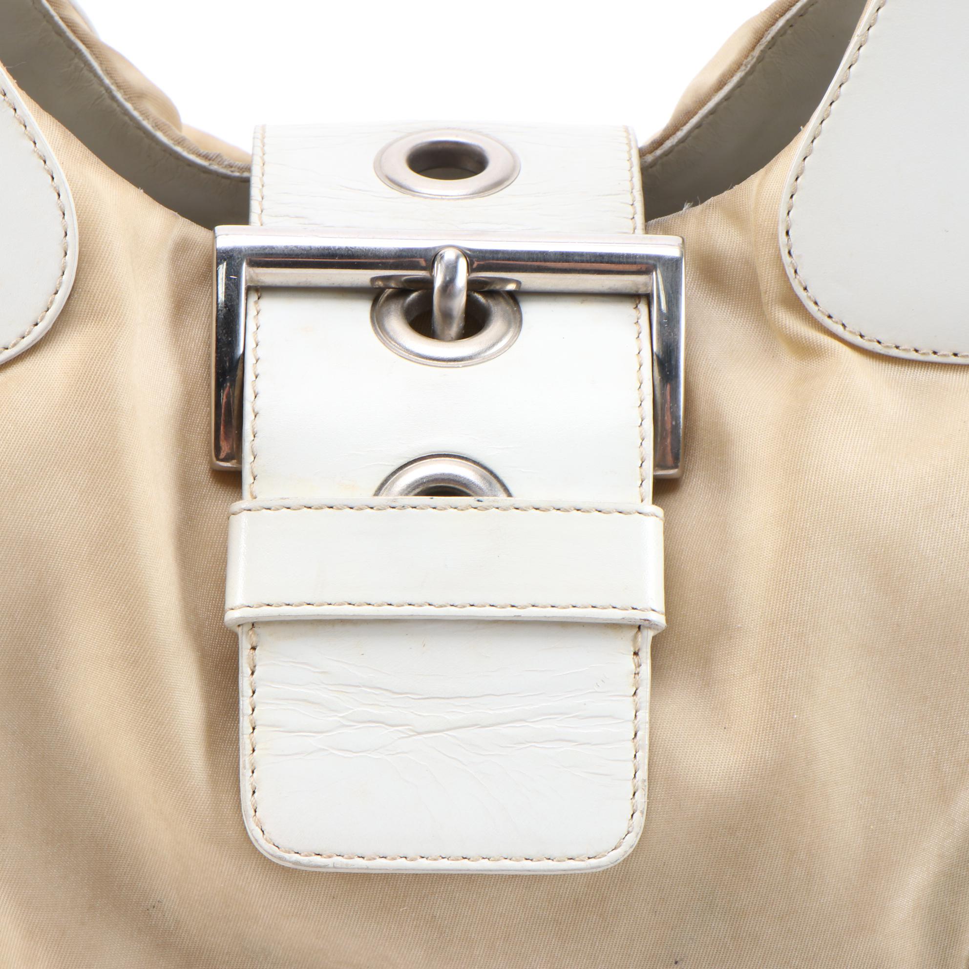Prada White Leather and Beige Tessuto Nylon Satchel