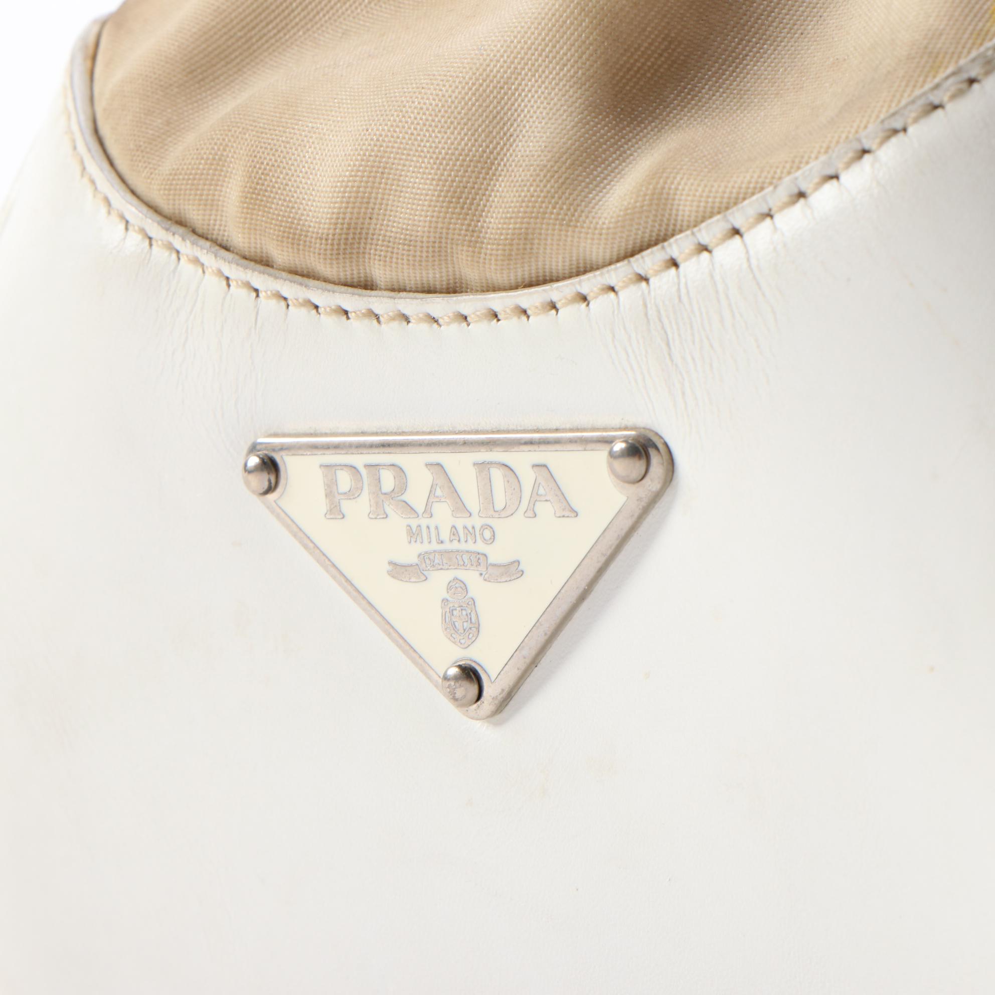 Prada White Leather and Beige Tessuto Nylon Satchel