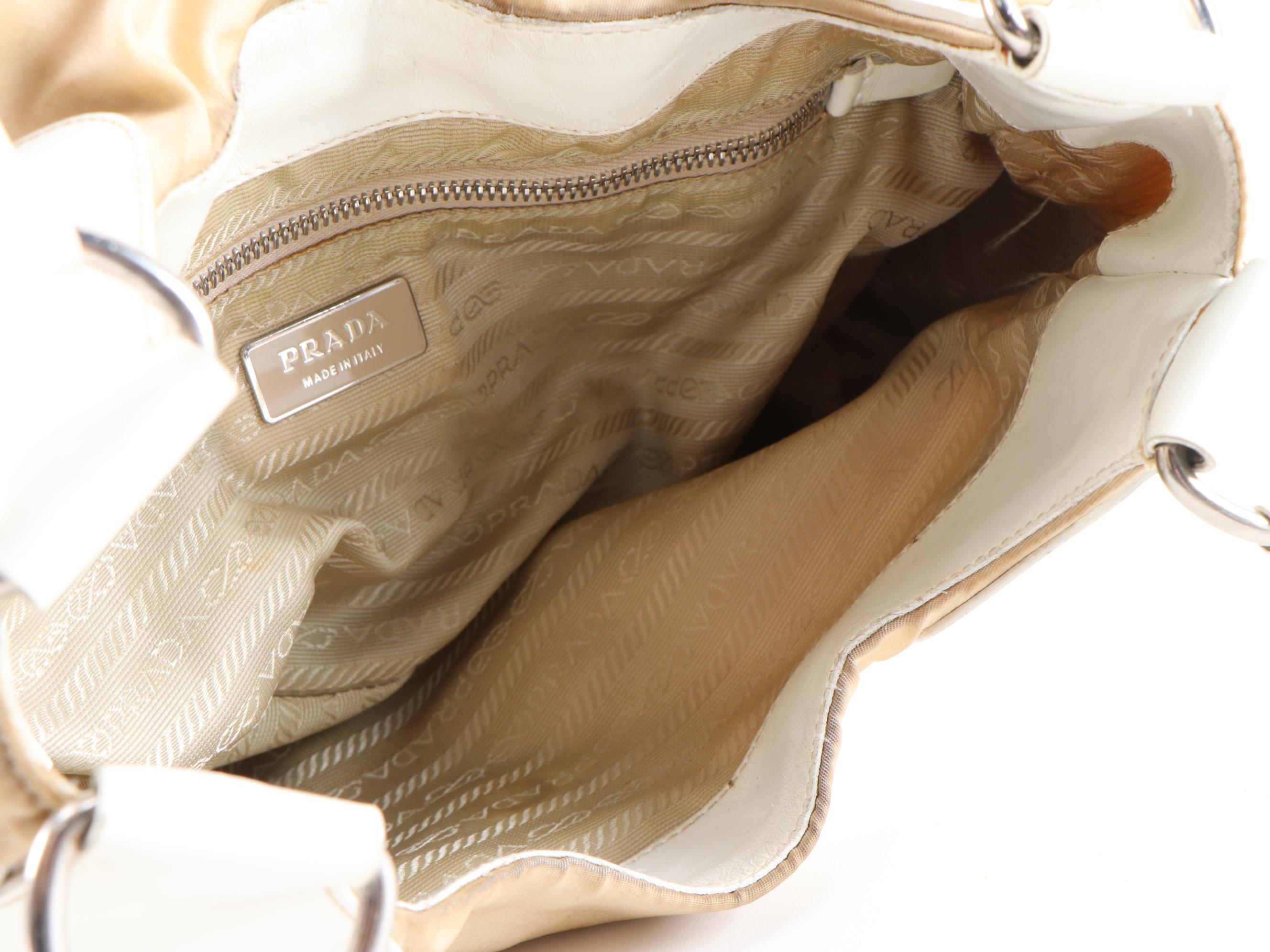 Prada White Leather and Beige Tessuto Nylon Satchel