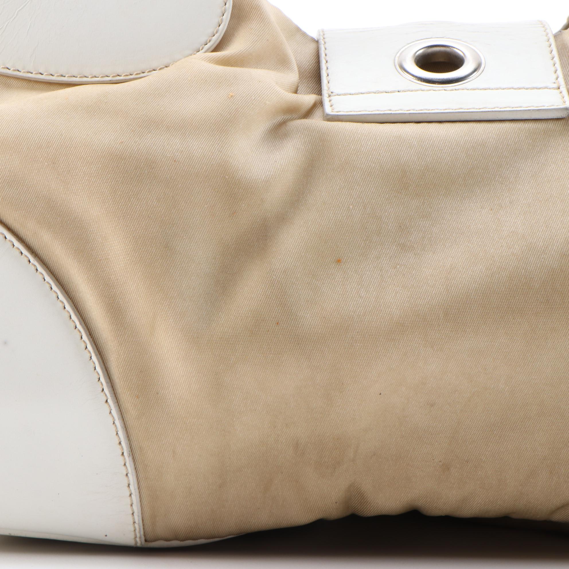 Prada White Leather and Beige Tessuto Nylon Satchel