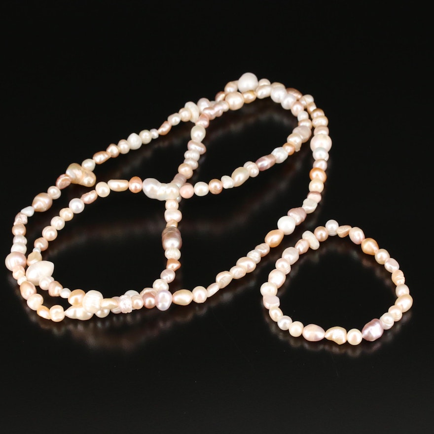Pearl Necklace, Bracelet and Sterling Earrings Set