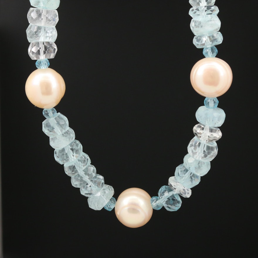Aquamarine, Apatite, and Cultured Pearl Necklace With Sterling Silver Clasp
