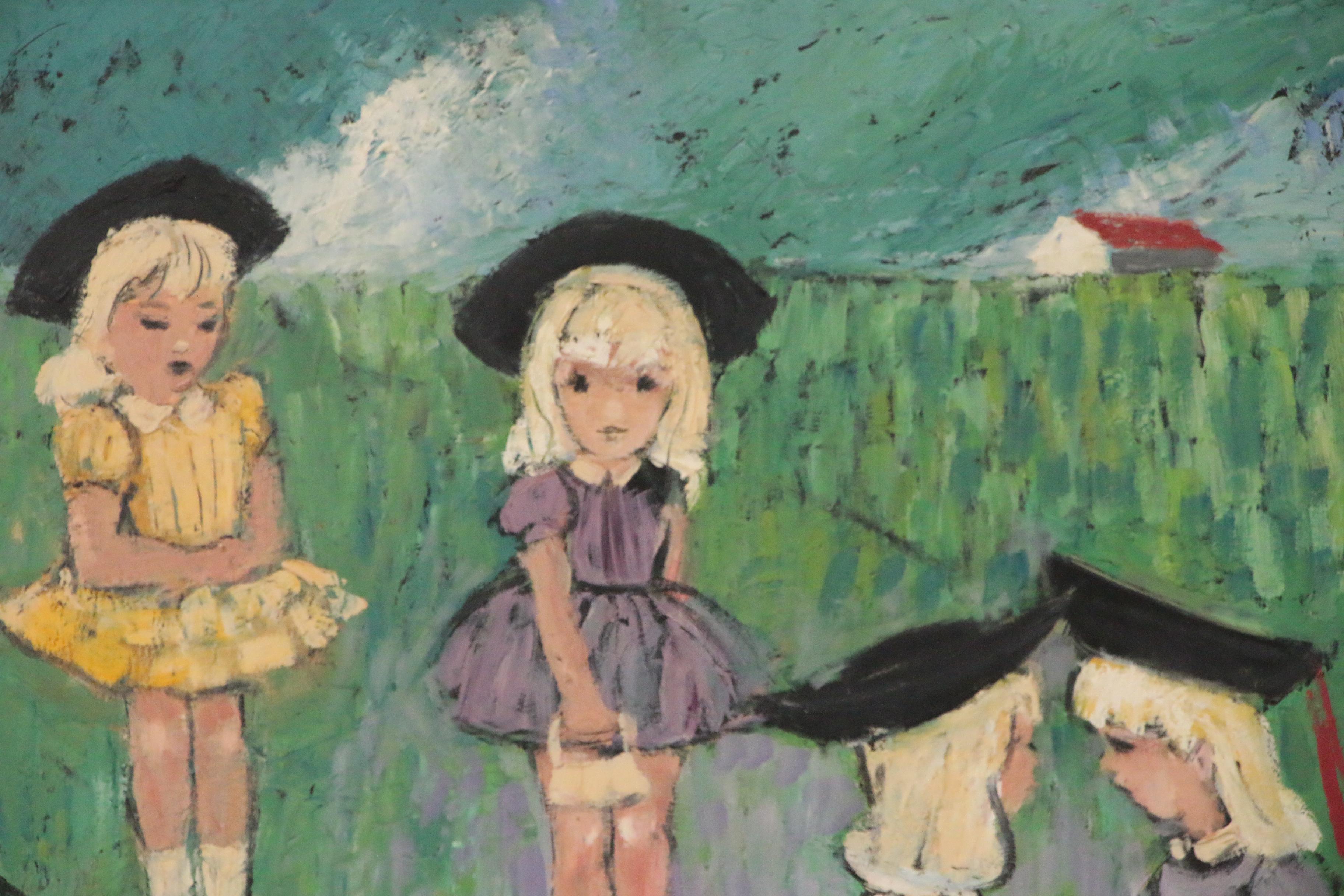 Modern Oil Painting of Playing Children, Mid-20th Century