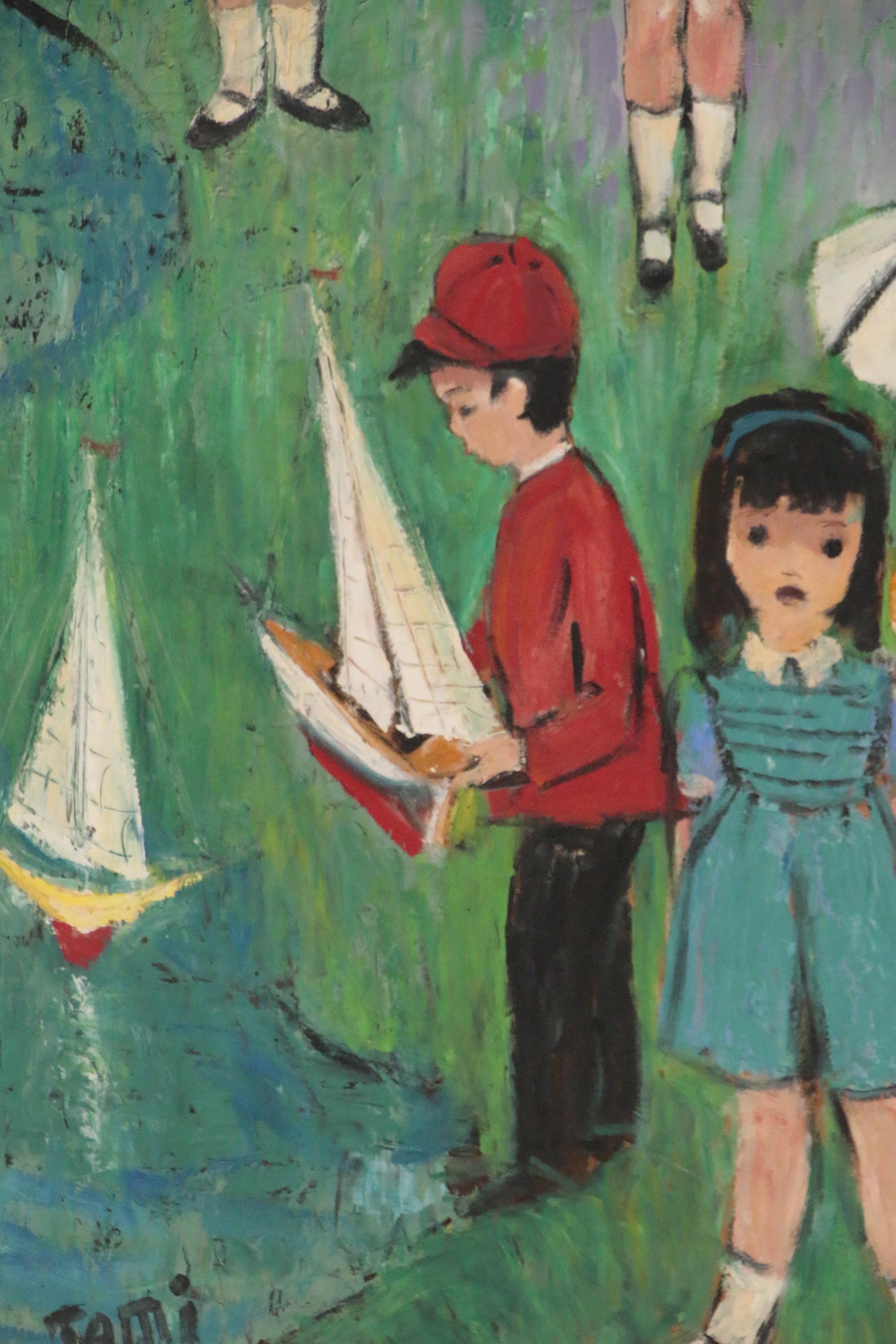 Modern Oil Painting of Playing Children, Mid-20th Century