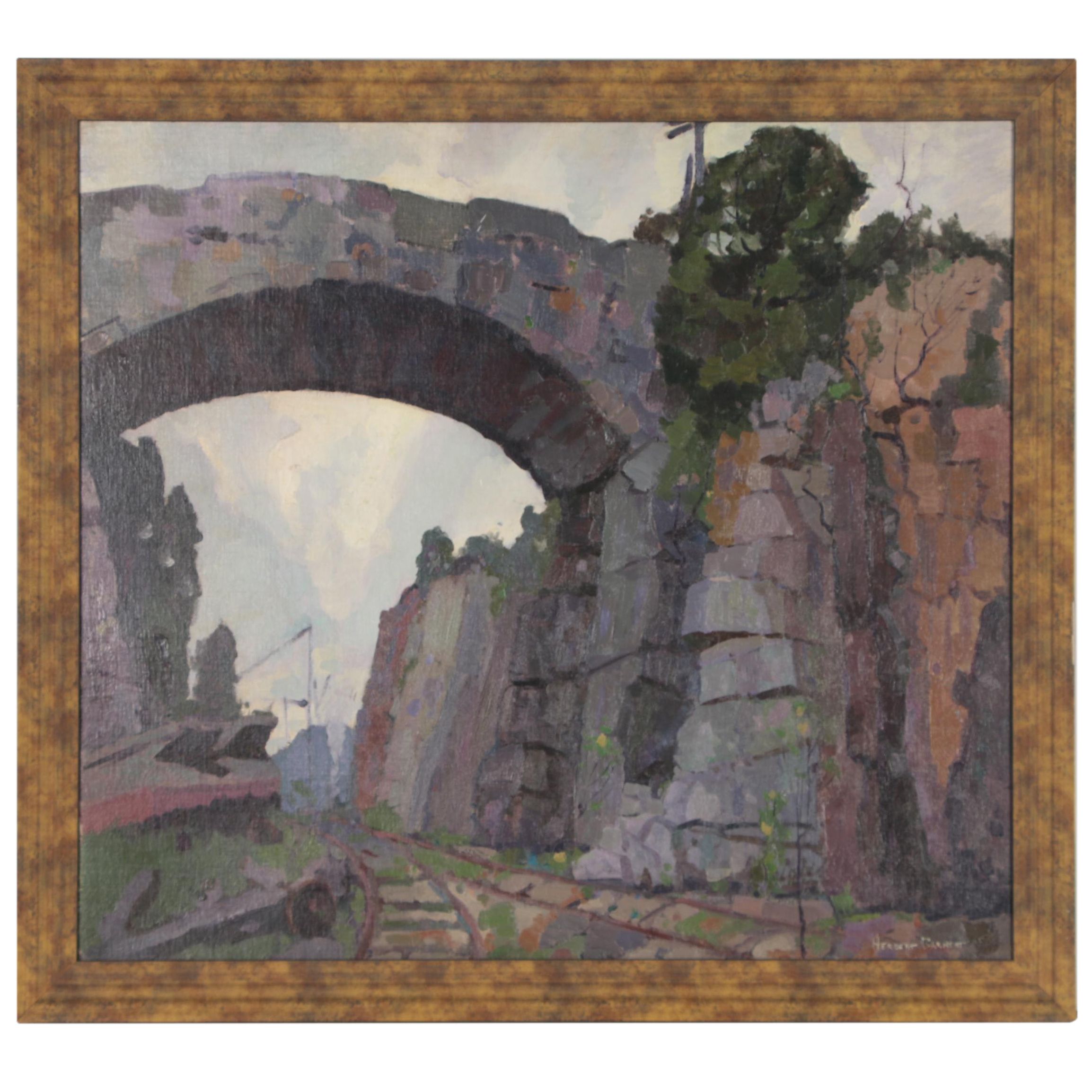 Herbert Barnett Monumental Oil Painting of Stone Bridge