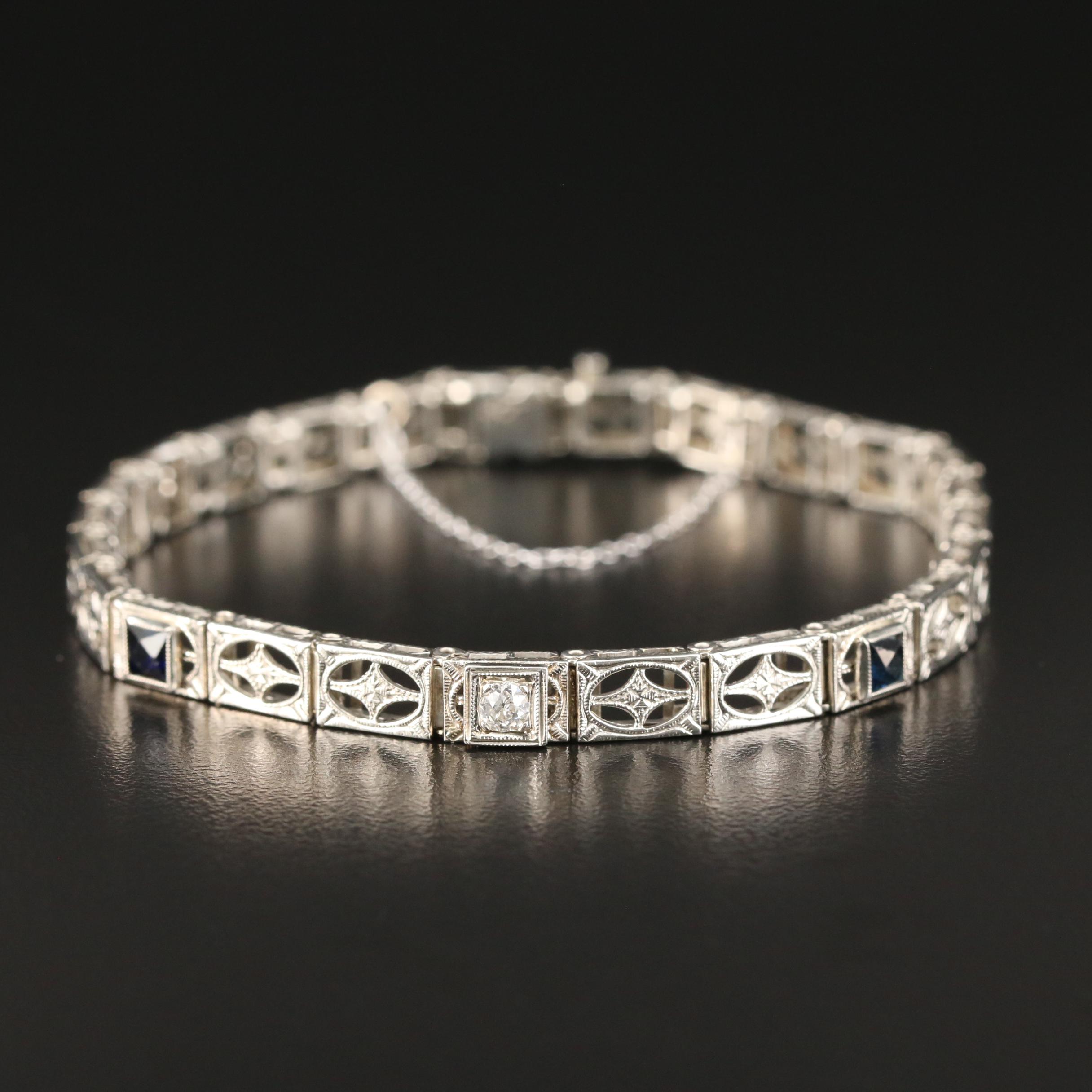 Vintage 10K White Gold Synthetic Sapphire and Diamond Bracelet