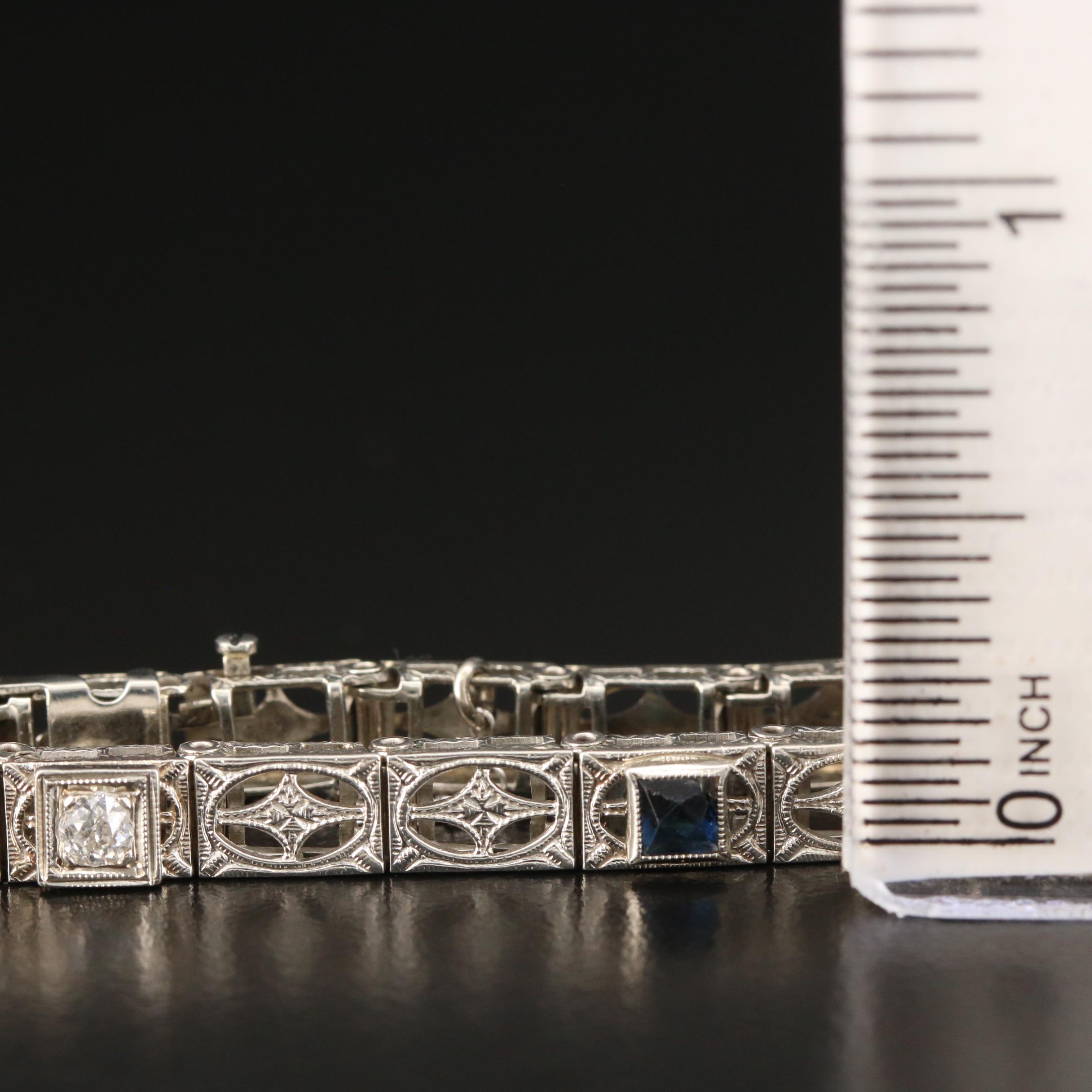 Vintage 10K White Gold Synthetic Sapphire and Diamond Bracelet