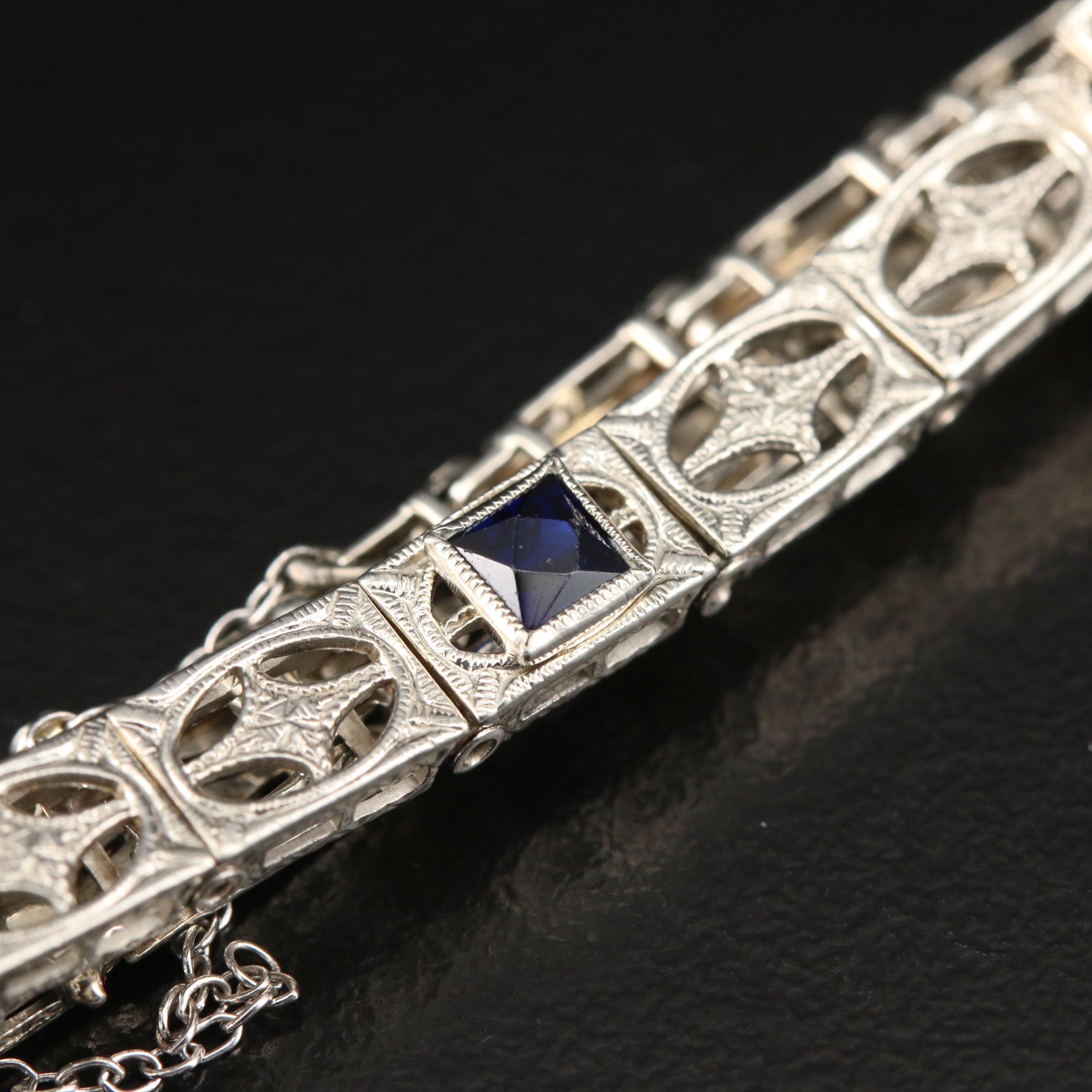 Vintage 10K White Gold Synthetic Sapphire and Diamond Bracelet