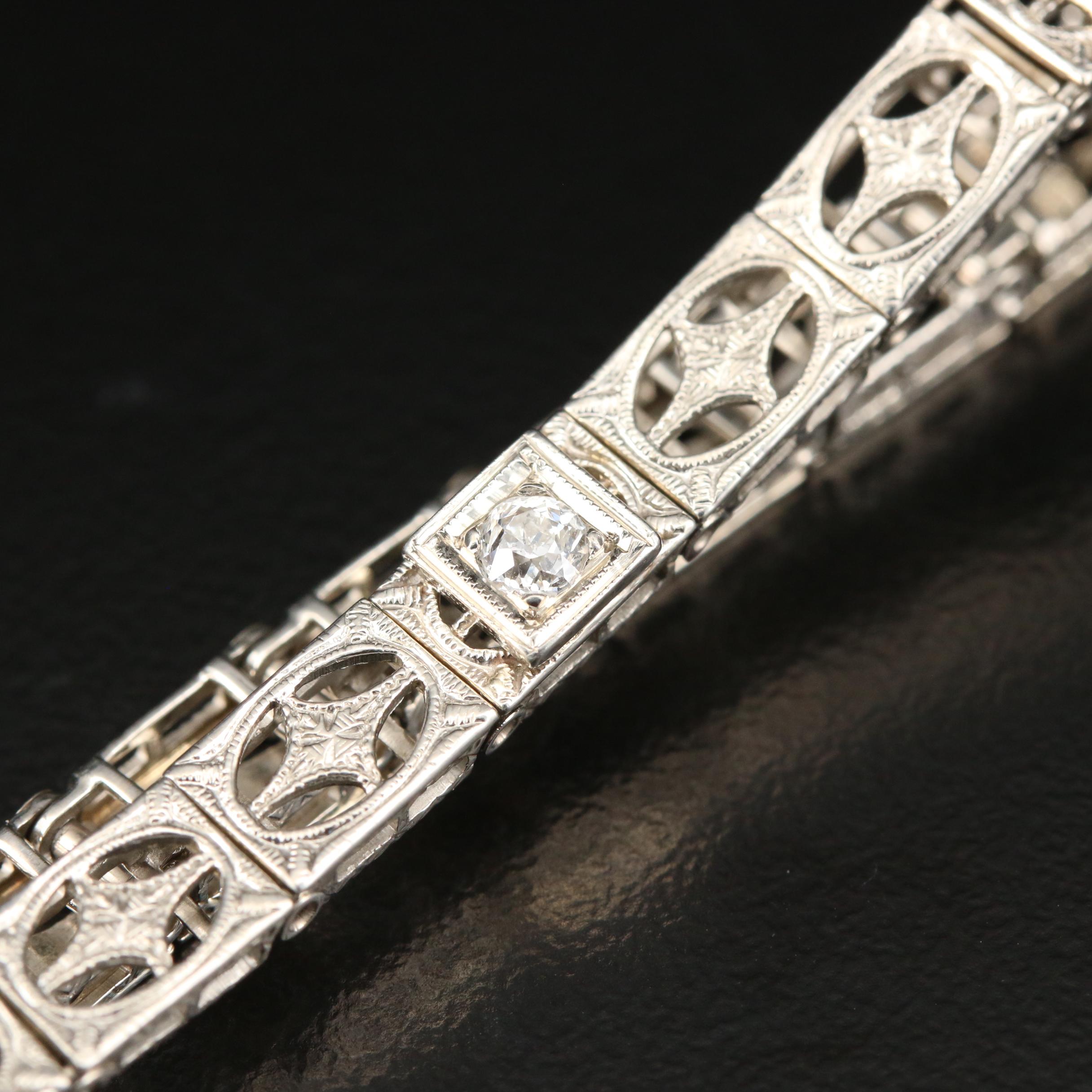 Vintage 10K White Gold Synthetic Sapphire and Diamond Bracelet