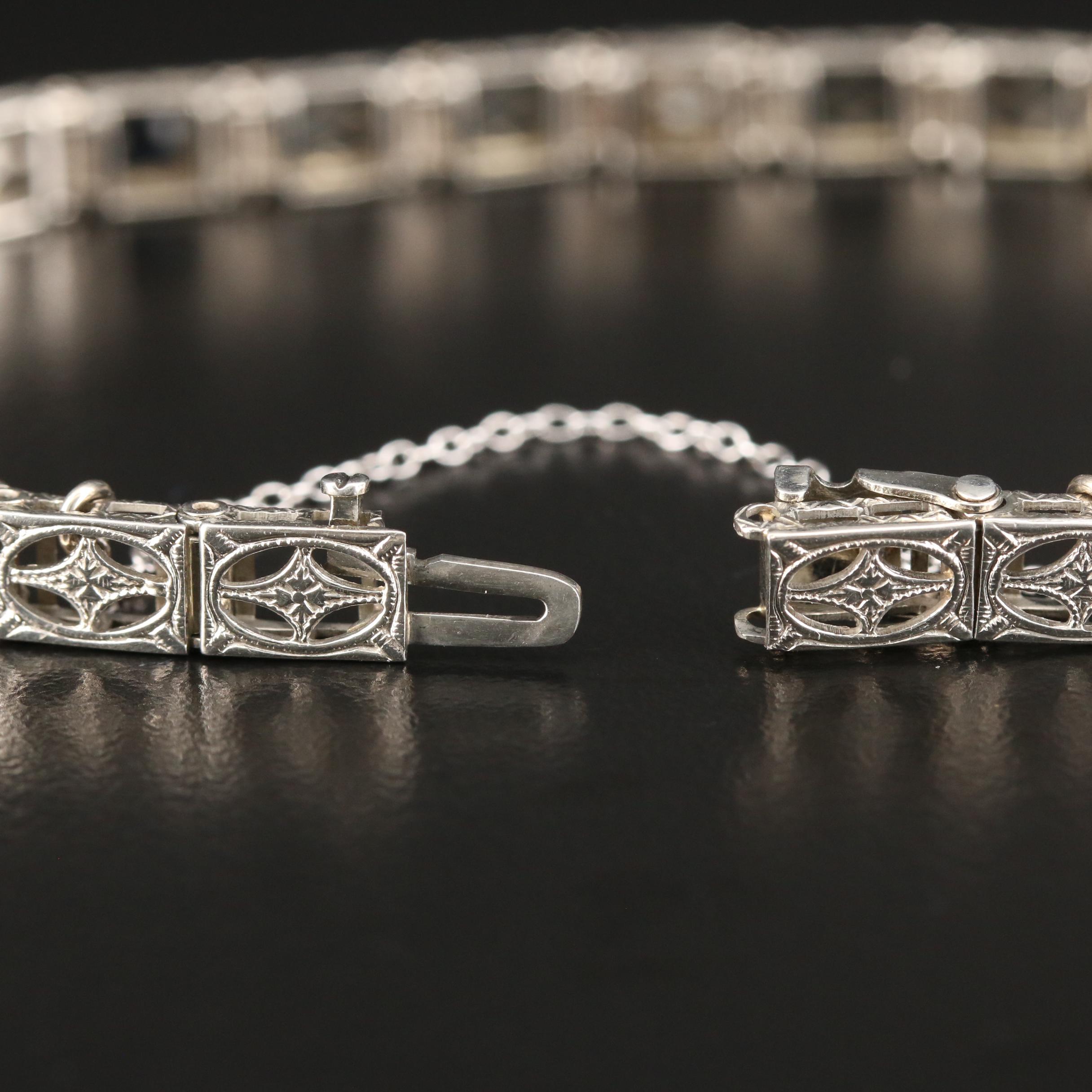 Vintage 10K White Gold Synthetic Sapphire and Diamond Bracelet