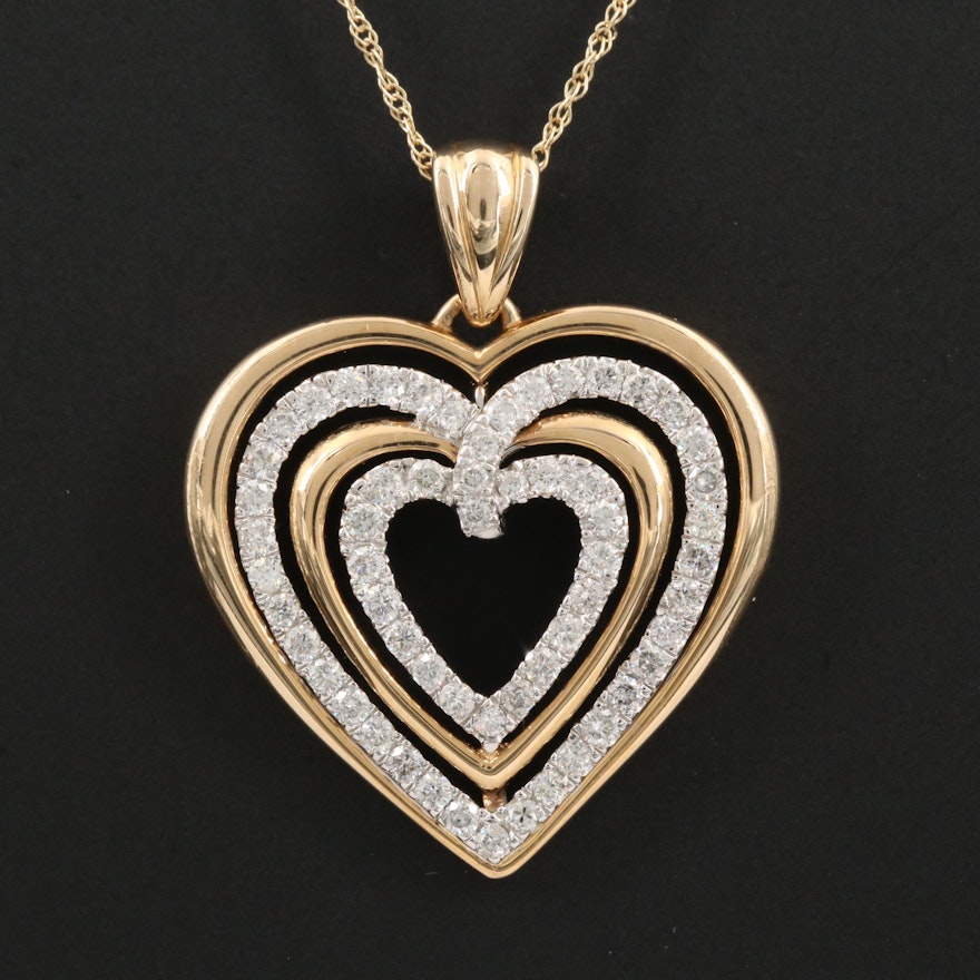 14K Gold 1.00 CTW Diamond Concentric Heart Pendant Necklace