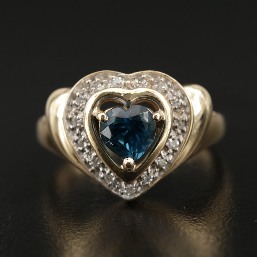 14K Yellow Gold Blue Topaz and Diamond Heart Shaped Ring