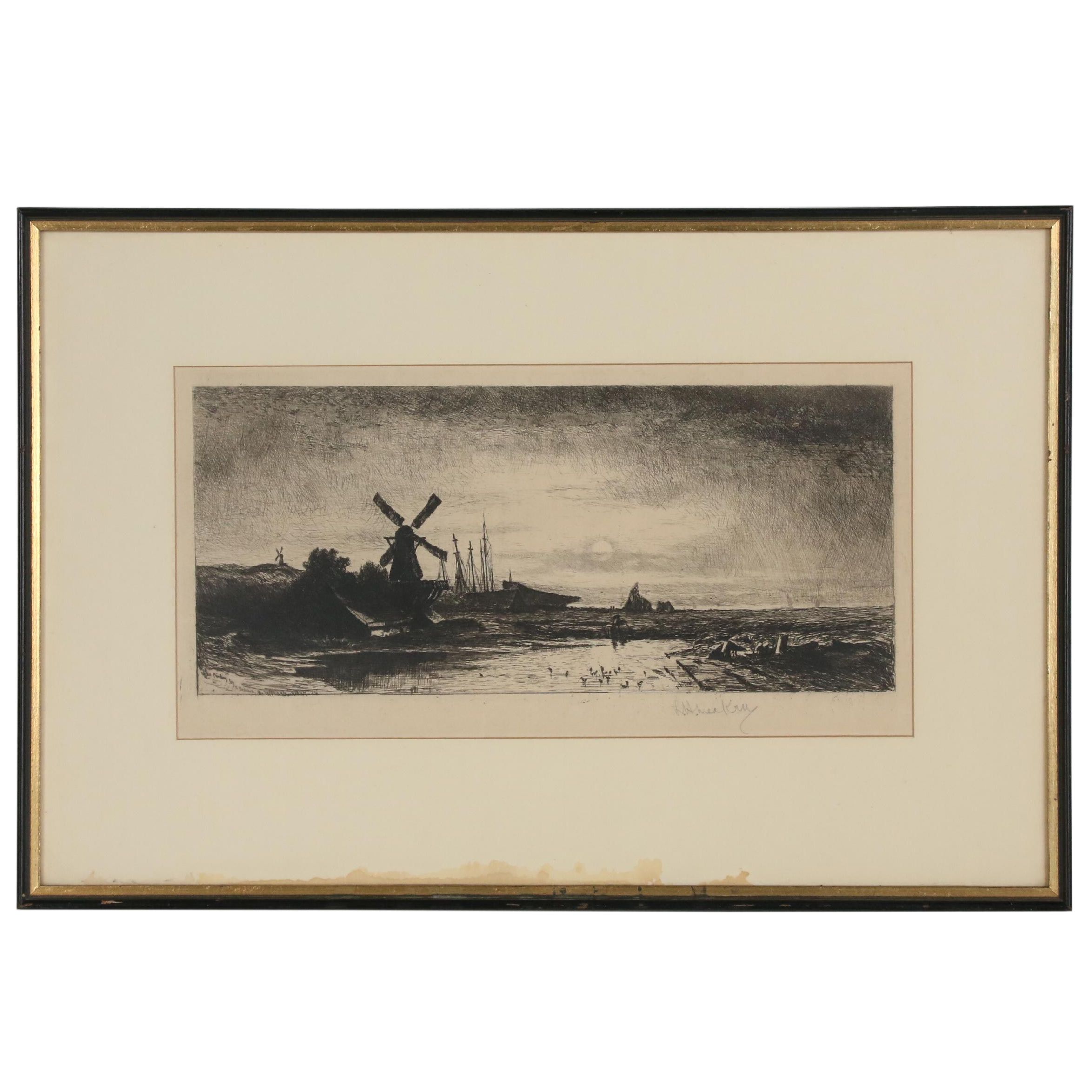 Lewis Henry Meakin Dutch Landscape Etching After Eduard Schleich, 1884