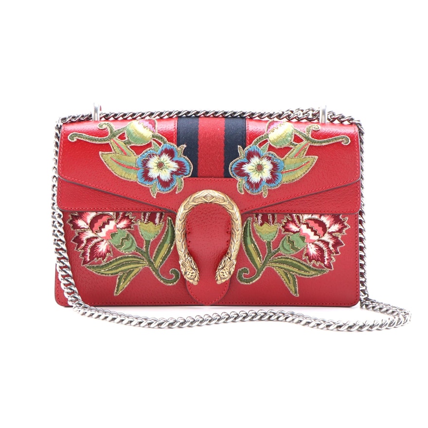 Gucci Web Dionysus Small Shoulder Bag in Floral Embroidered Red Leather