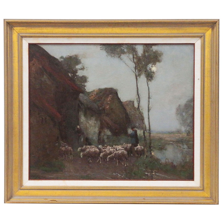 William Watt Milne Landscape Oil Painting Figures and Sheep, Turn-of-the-Century
