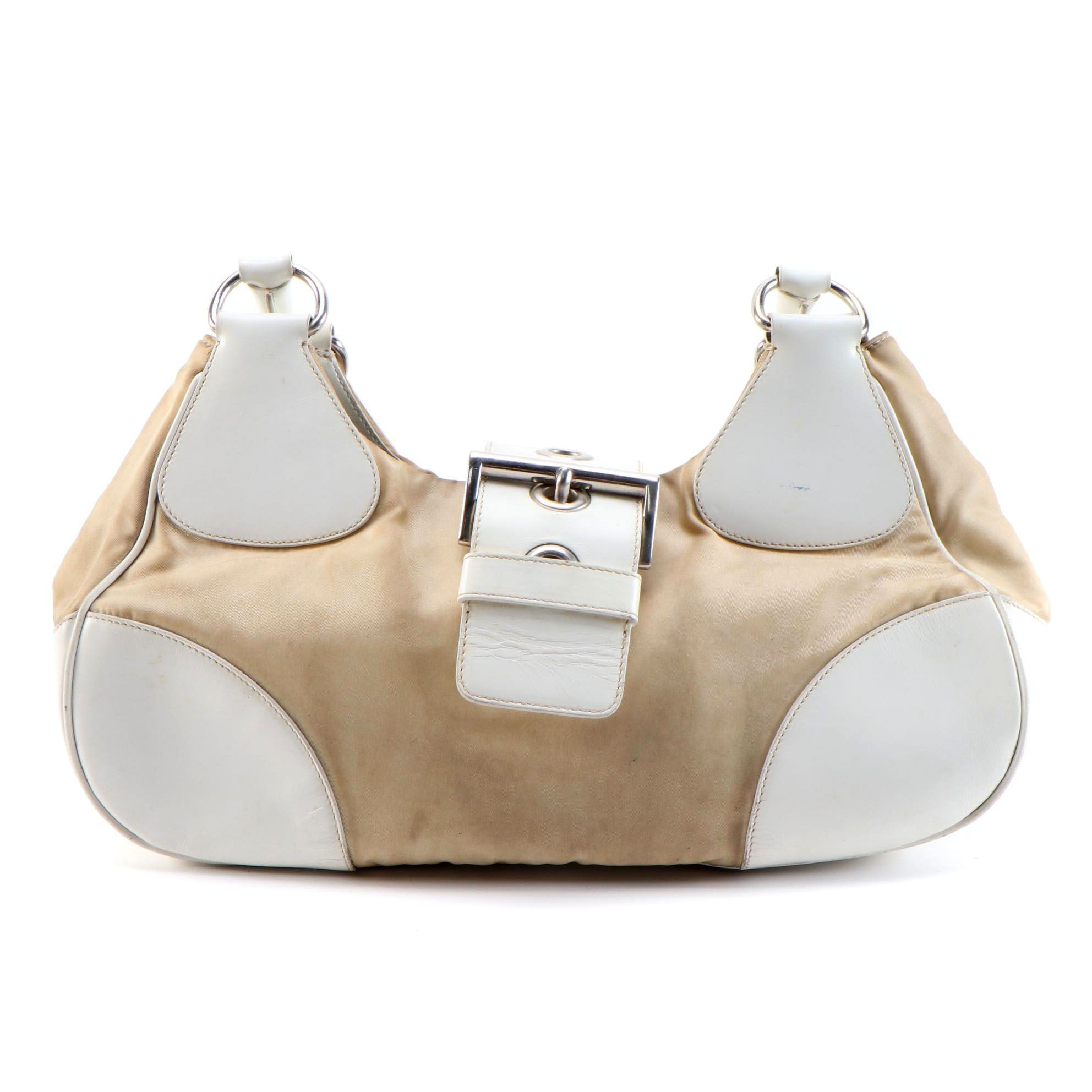 Prada White Leather and Beige Tessuto Nylon Satchel