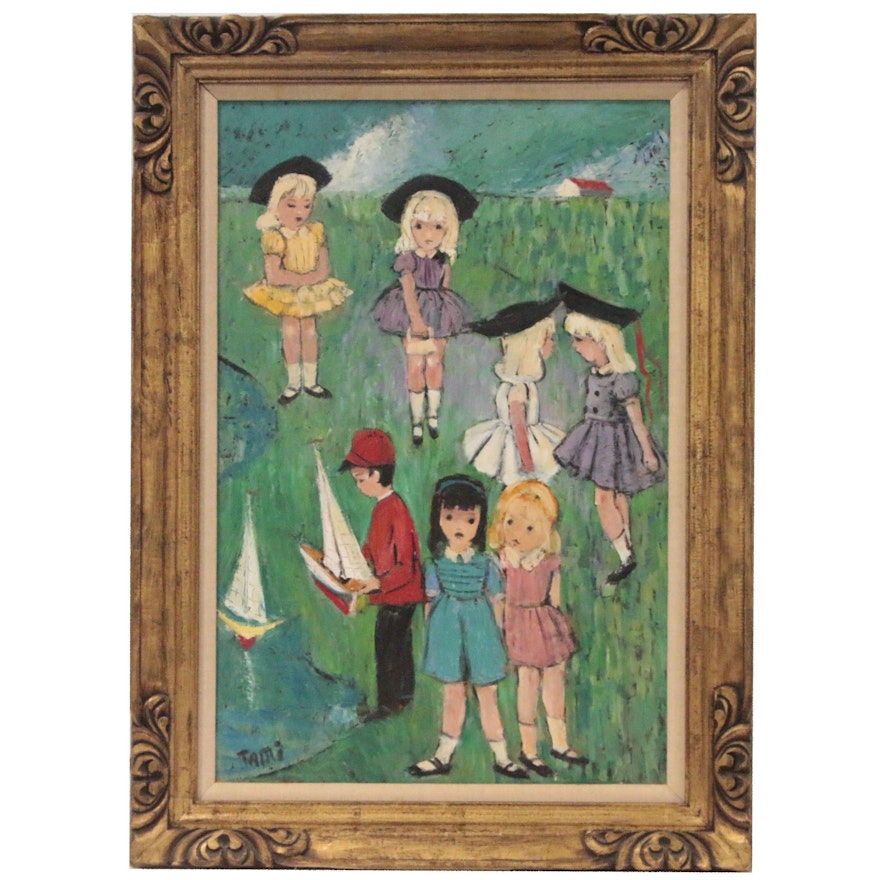 Modern Oil Painting of Playing Children, Mid-20th Century