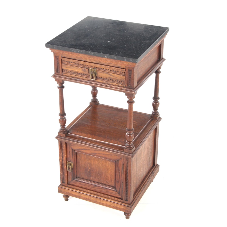 Chip-Carved Oak with Black Marble Stand, Early 20th Century