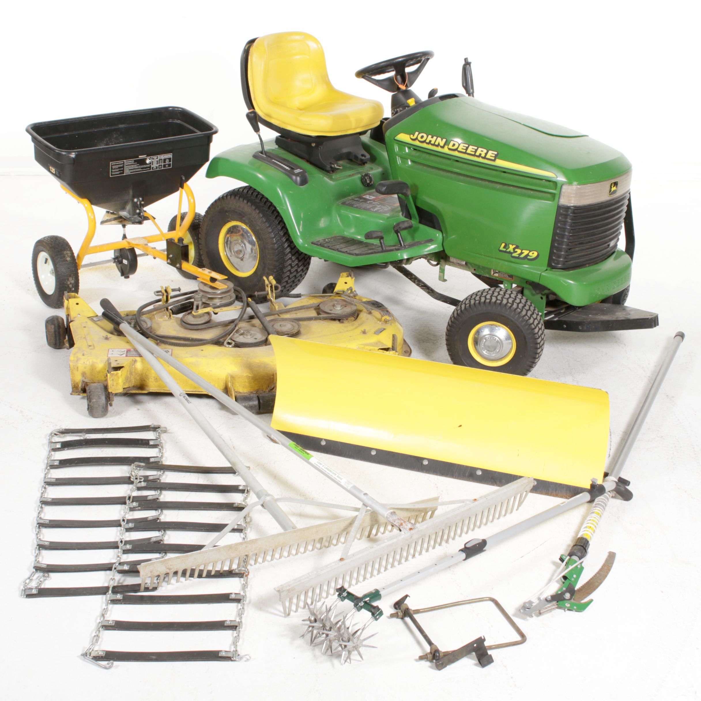 John Deere LX279 Riding Lawn Mower with Mowing Deck, Plow and Seed Spreader