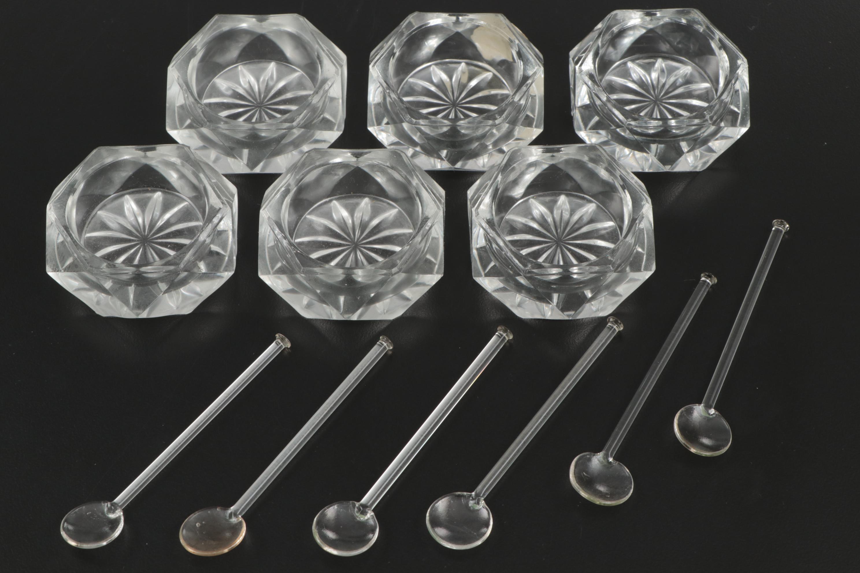 Bohemia Glass Salt Cellars and Spoons with Silver Plate Serving Utensils