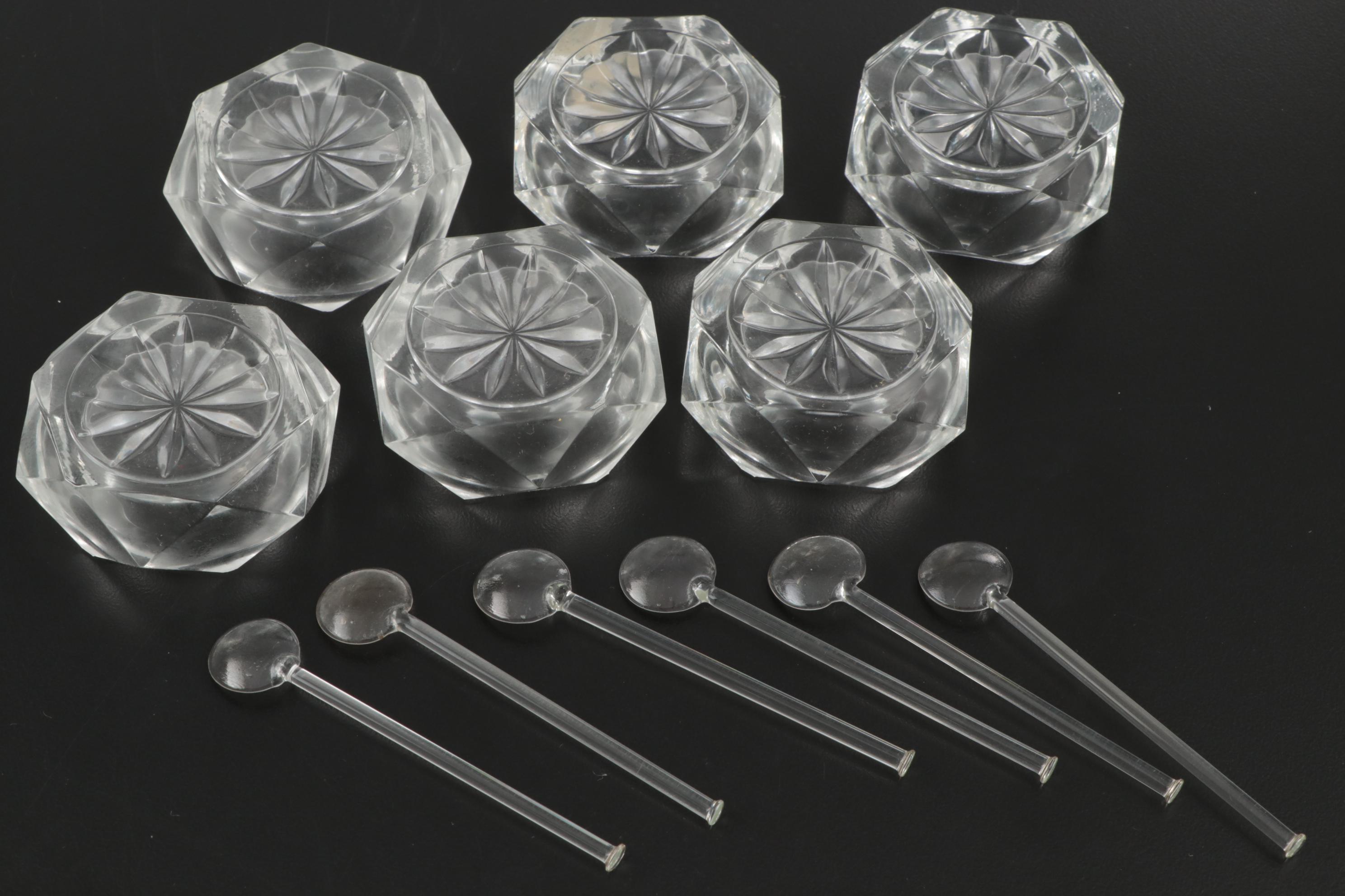 Bohemia Glass Salt Cellars and Spoons with Silver Plate Serving Utensils