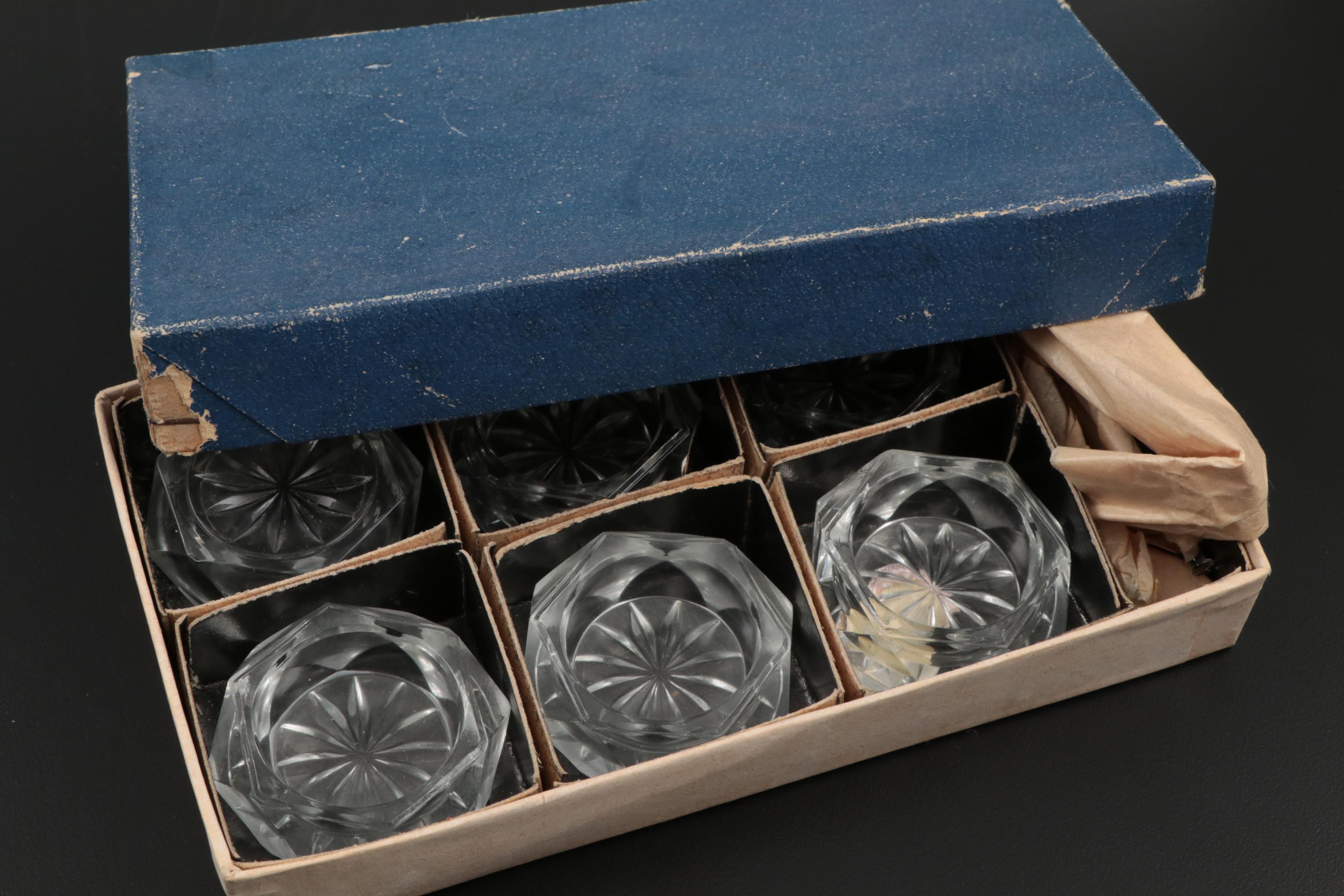 Bohemia Glass Salt Cellars and Spoons with Silver Plate Serving Utensils