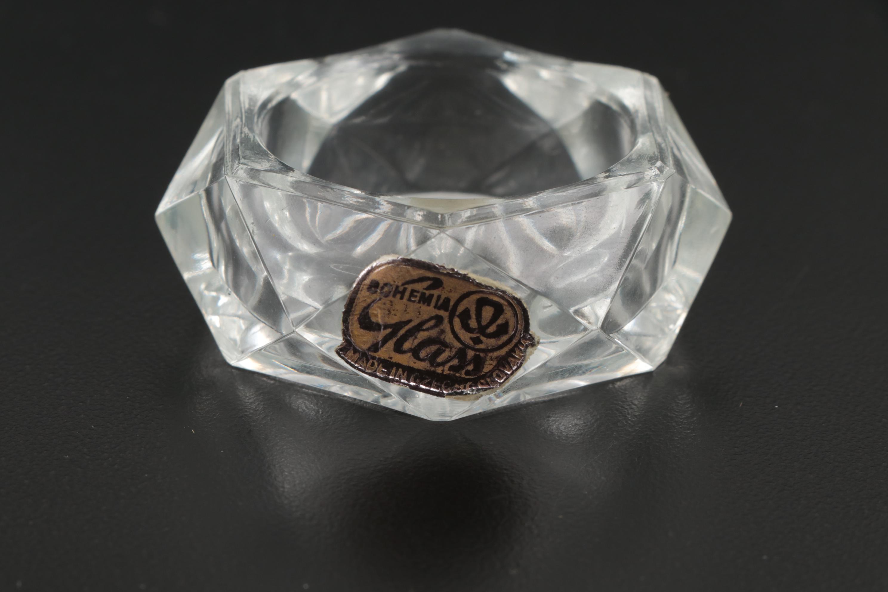 Bohemia Glass Salt Cellars and Spoons with Silver Plate Serving Utensils