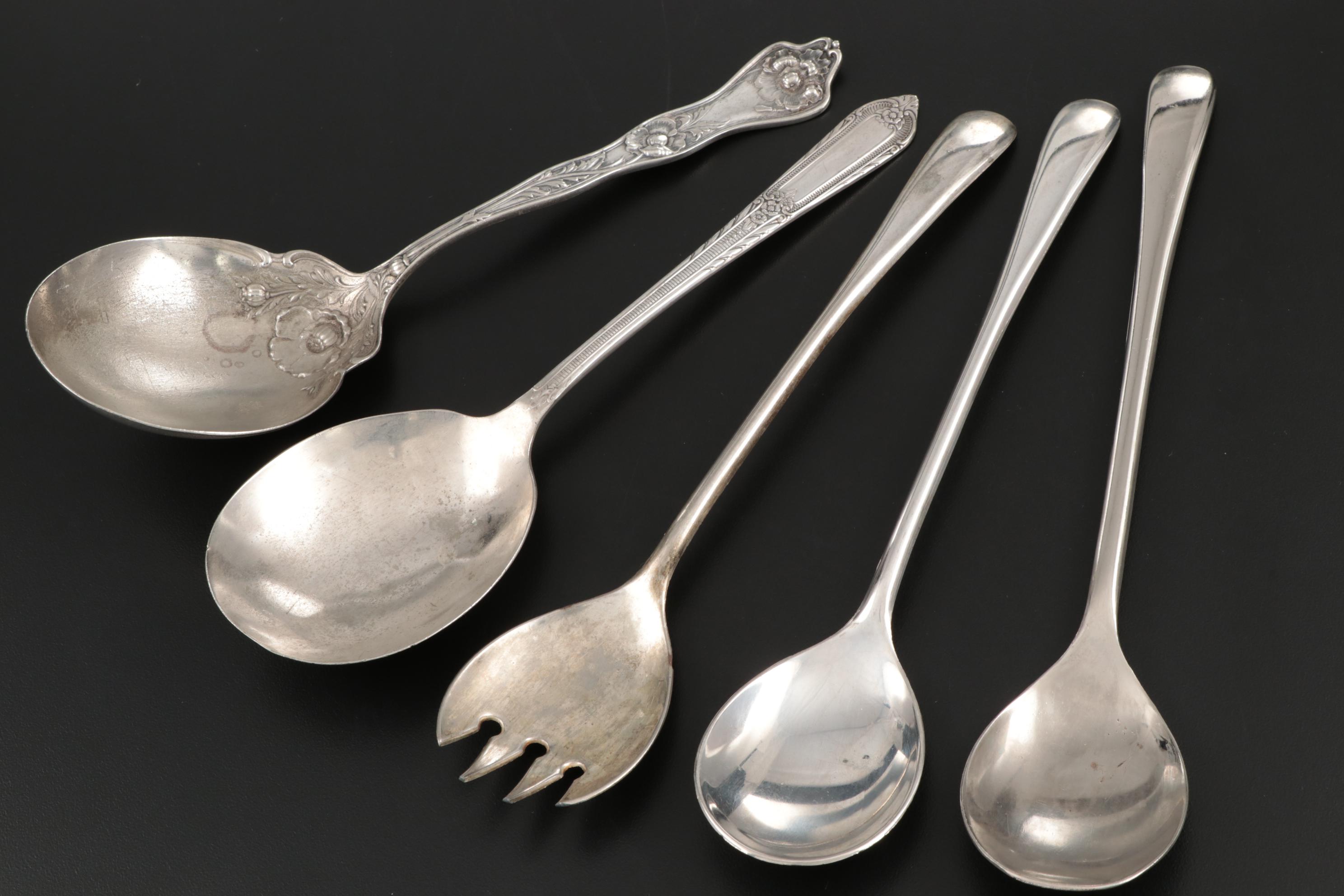 Bohemia Glass Salt Cellars and Spoons with Silver Plate Serving Utensils