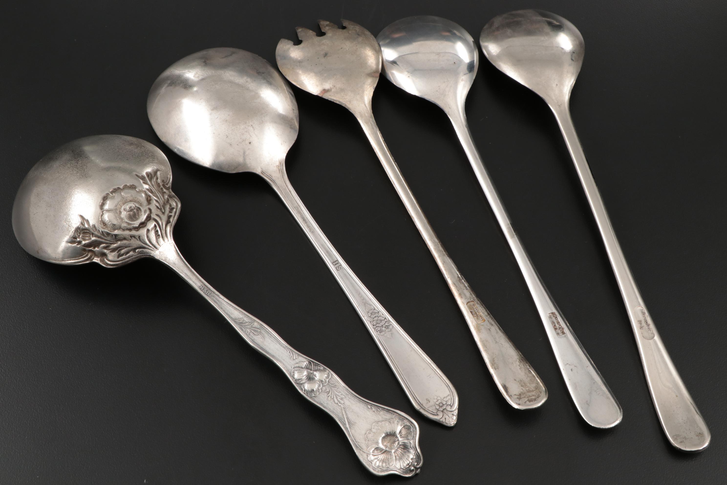 Bohemia Glass Salt Cellars and Spoons with Silver Plate Serving Utensils