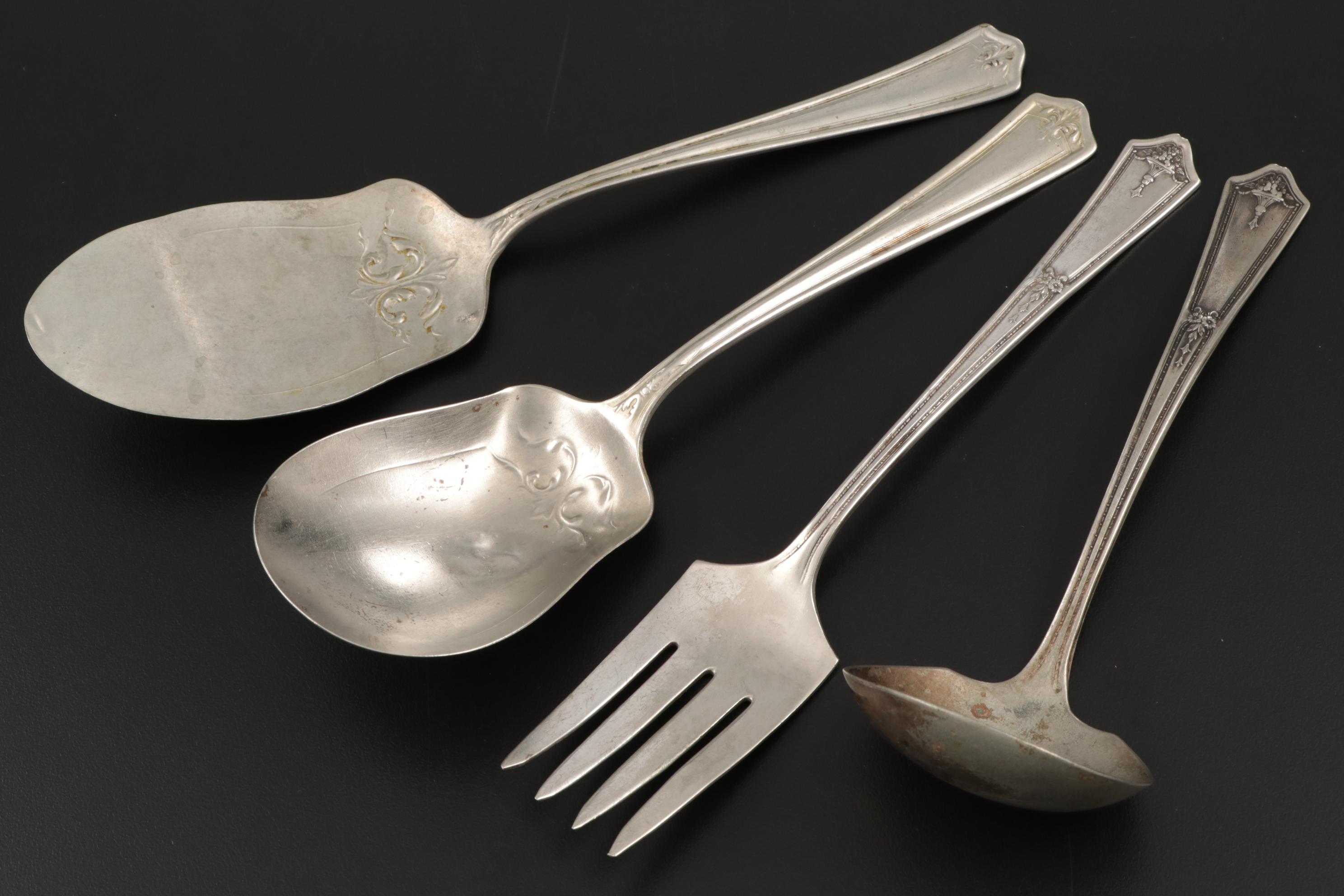 Bohemia Glass Salt Cellars and Spoons with Silver Plate Serving Utensils