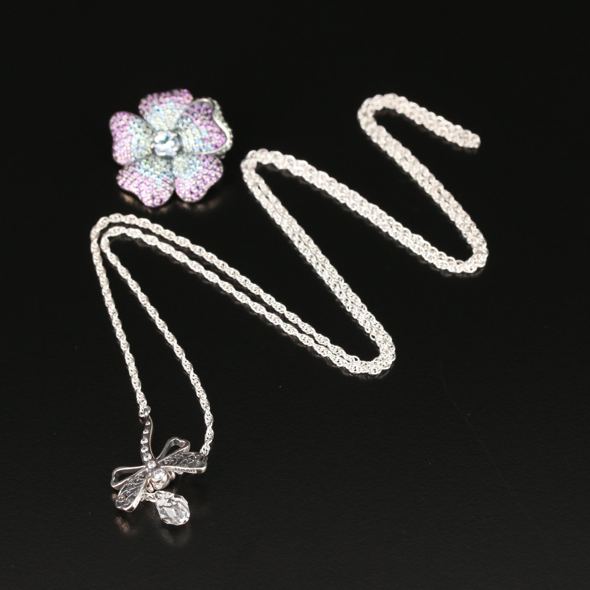 Pandora Sterling Cubic Zirconia Dragonfly Pendant Necklace and Flower Brooch