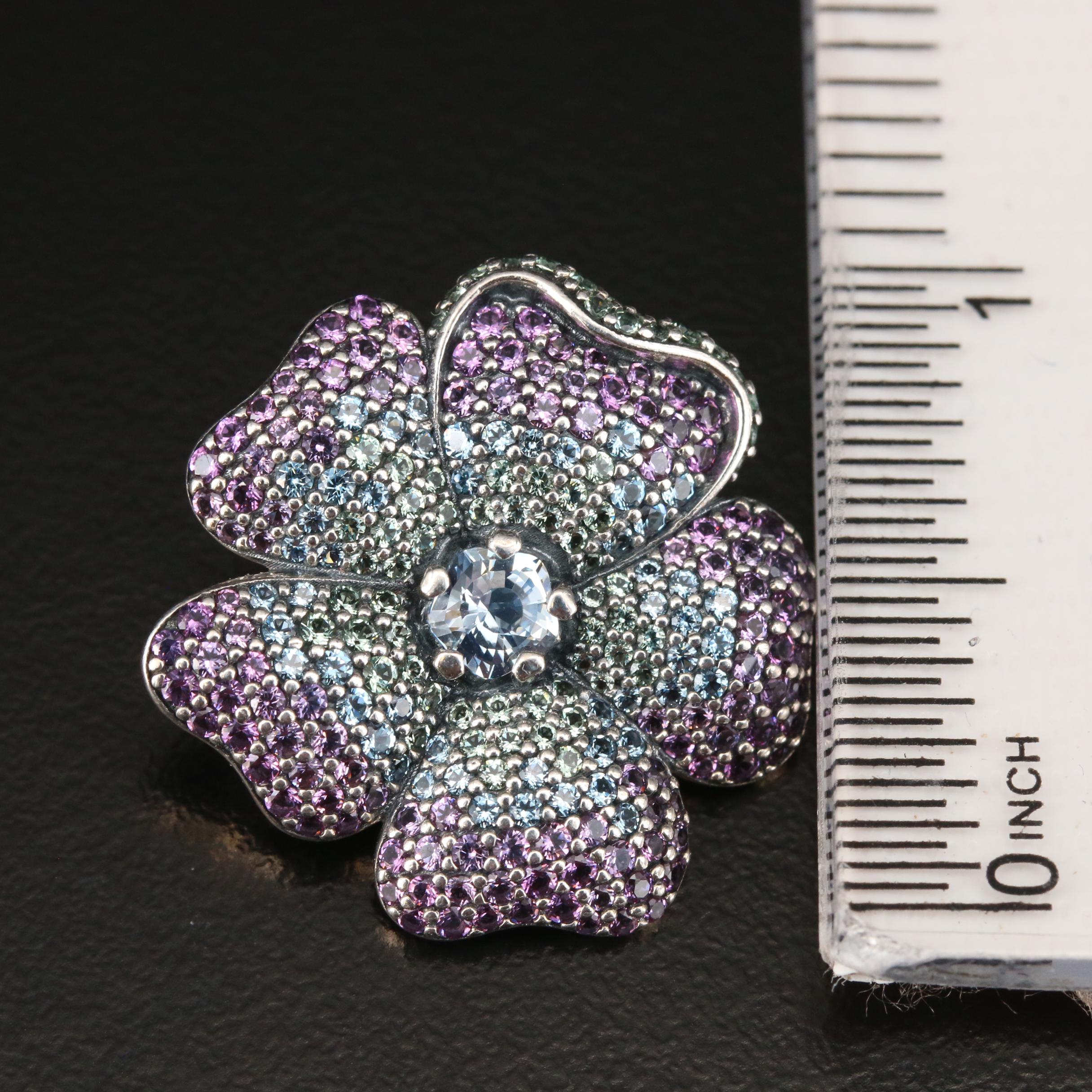 Pandora Sterling Cubic Zirconia Dragonfly Pendant Necklace and Flower Brooch