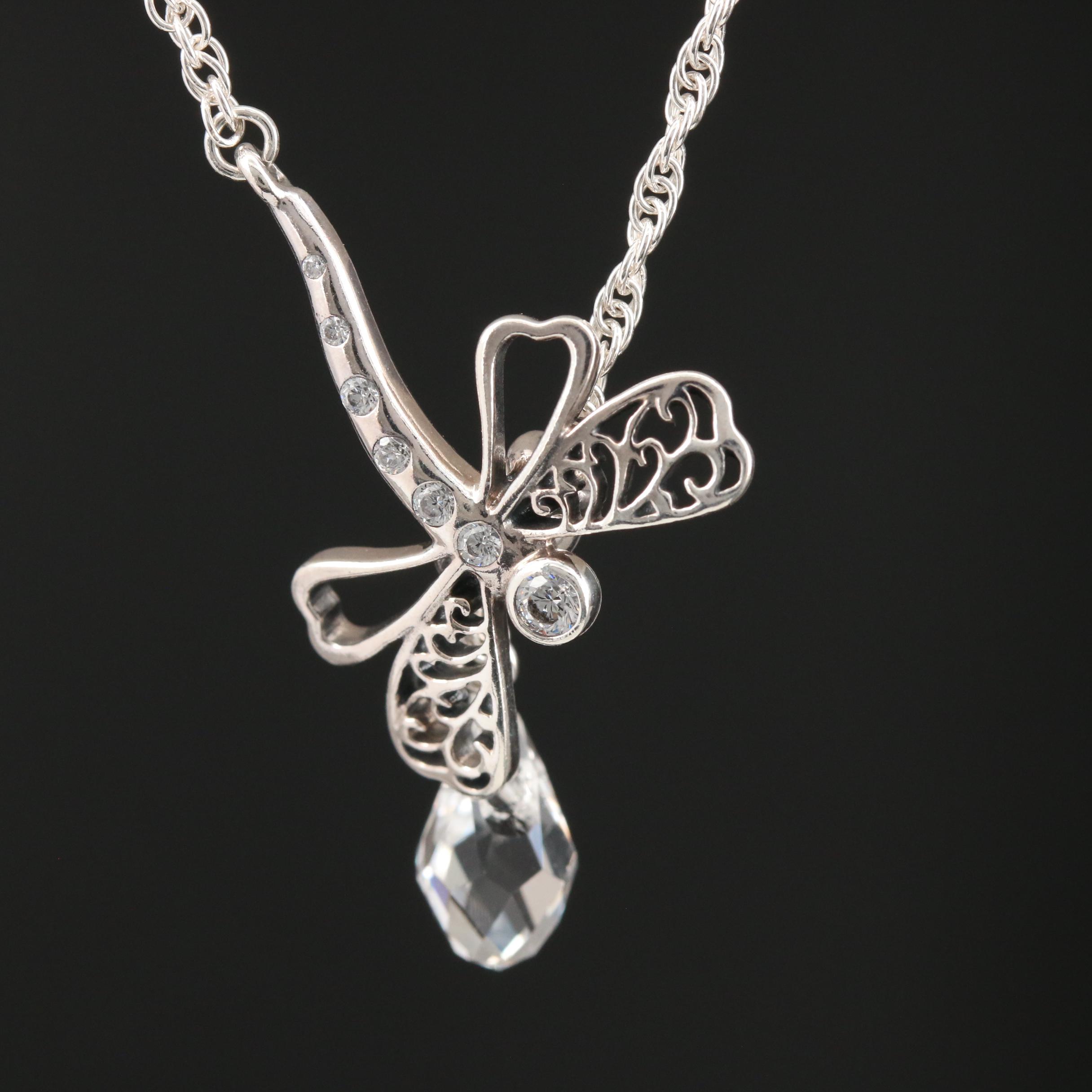 Pandora Sterling Cubic Zirconia Dragonfly Pendant Necklace and Flower Brooch
