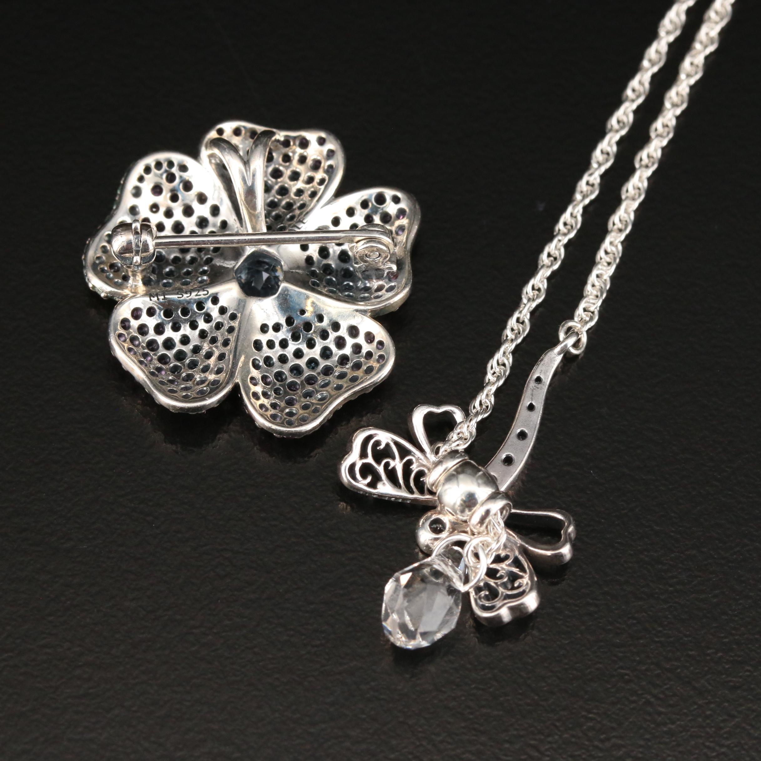 Pandora Sterling Cubic Zirconia Dragonfly Pendant Necklace and Flower Brooch