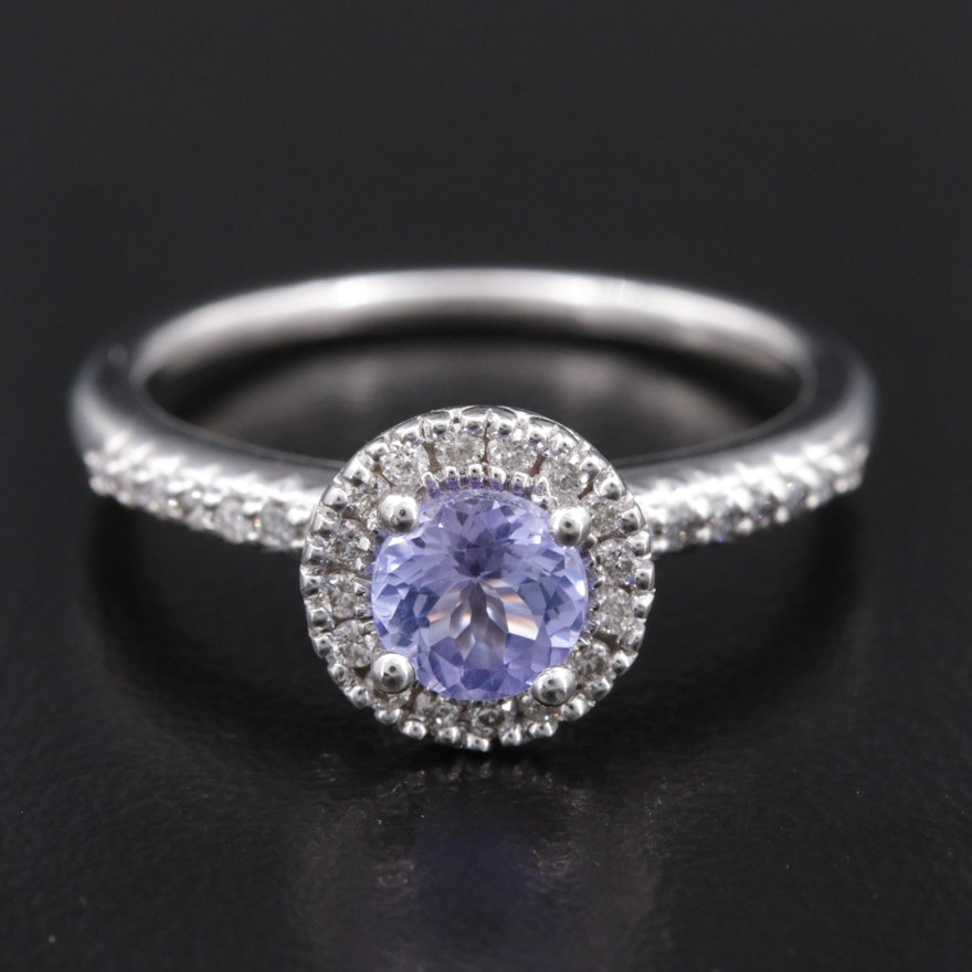 14K Gold Tanzanite Ring with Diamond Halo and Shoulders