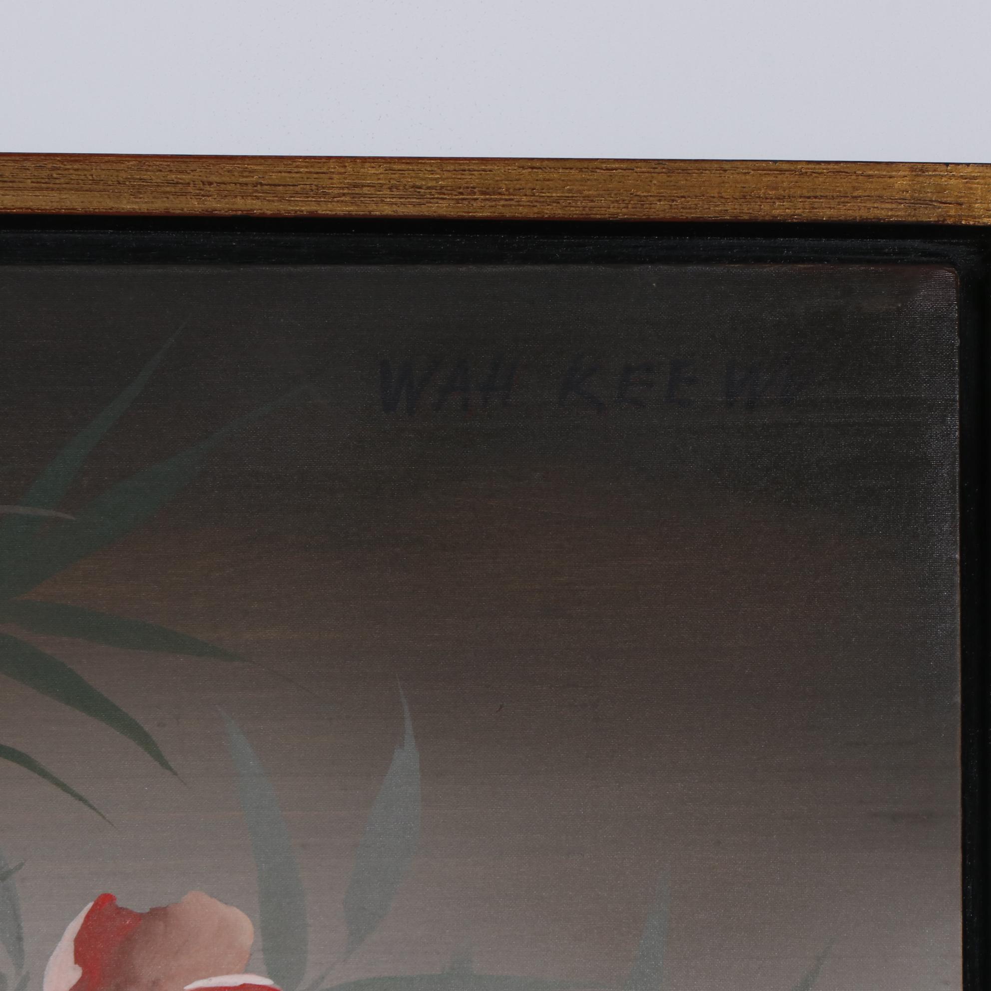 Wah Kee Wu Songbirds Oil Painting on Silk, Mid-20th Century