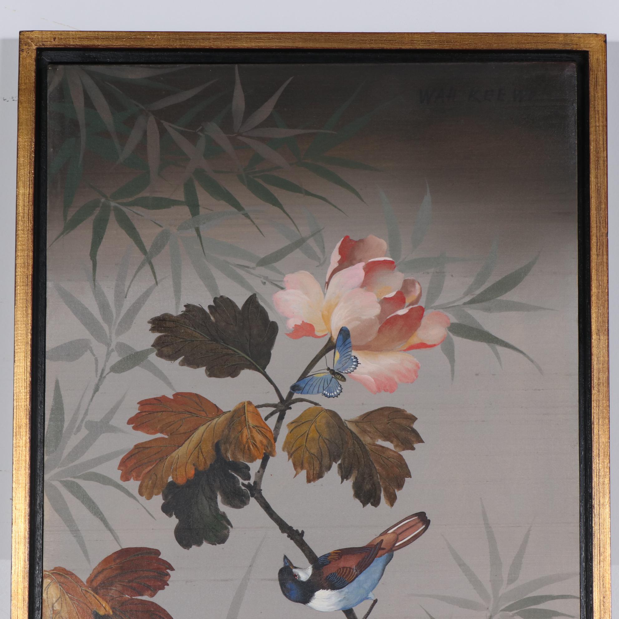 Wah Kee Wu Songbirds Oil Painting on Silk, Mid-20th Century