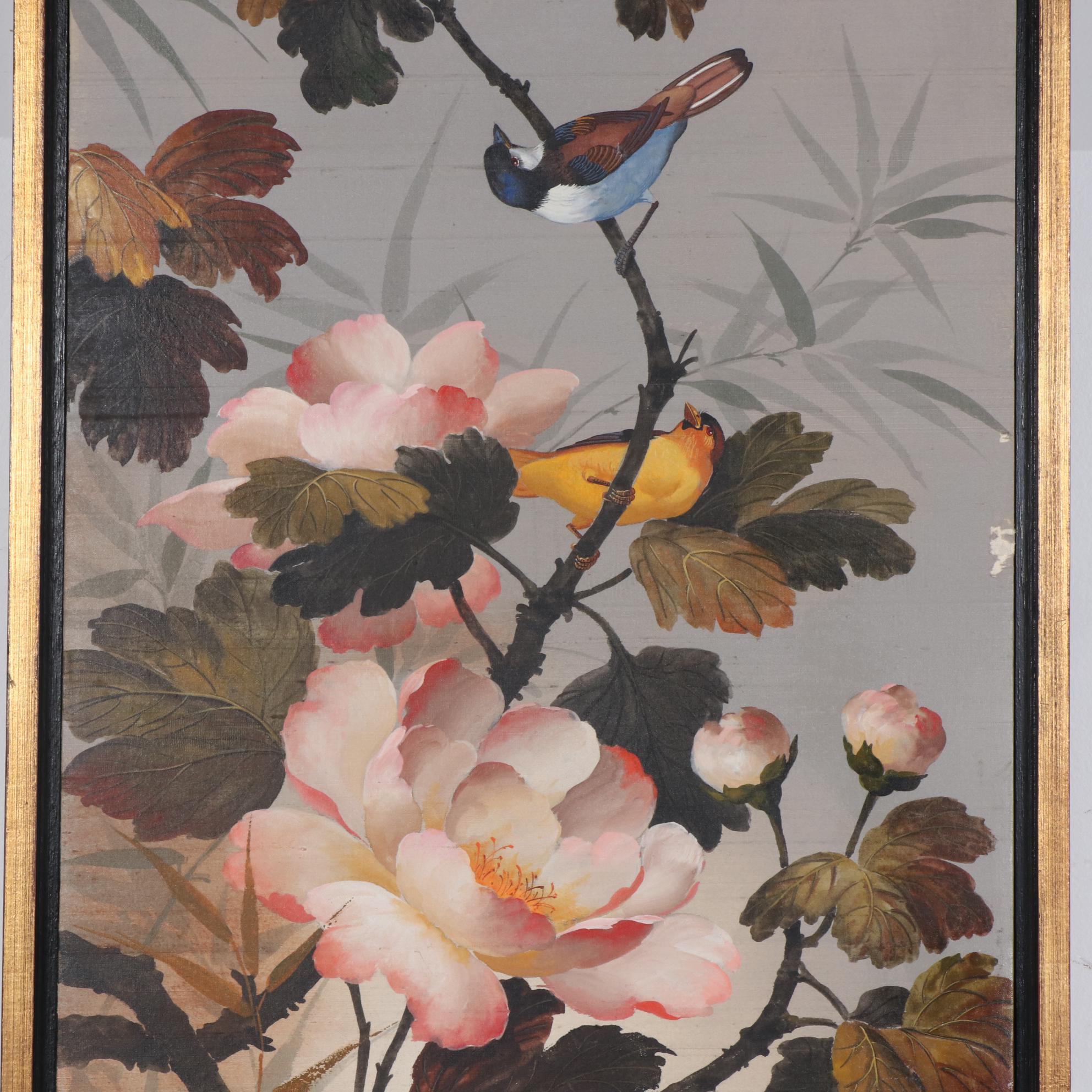 Wah Kee Wu Songbirds Oil Painting on Silk, Mid-20th Century