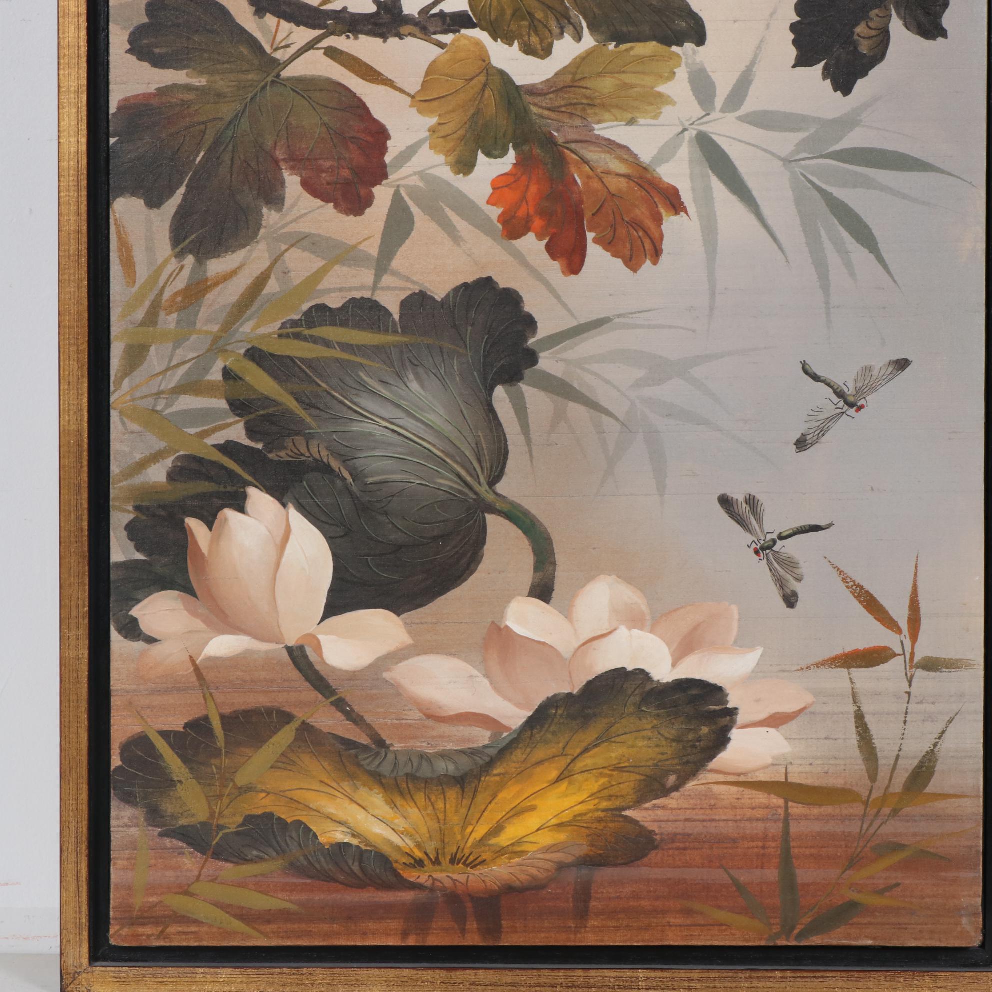Wah Kee Wu Songbirds Oil Painting on Silk, Mid-20th Century