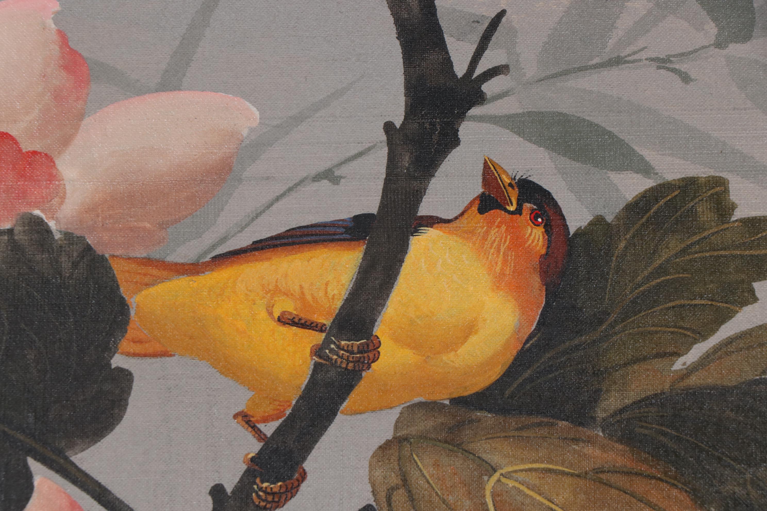 Wah Kee Wu Songbirds Oil Painting on Silk, Mid-20th Century